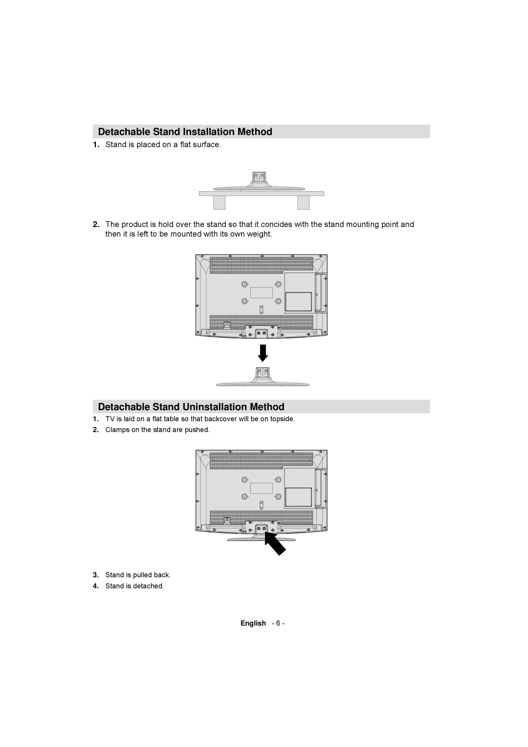 Sanyo CE32LD17E-B instruction manual Detachable Stand Installation Method, Detachable Stand Uninstallation Method 