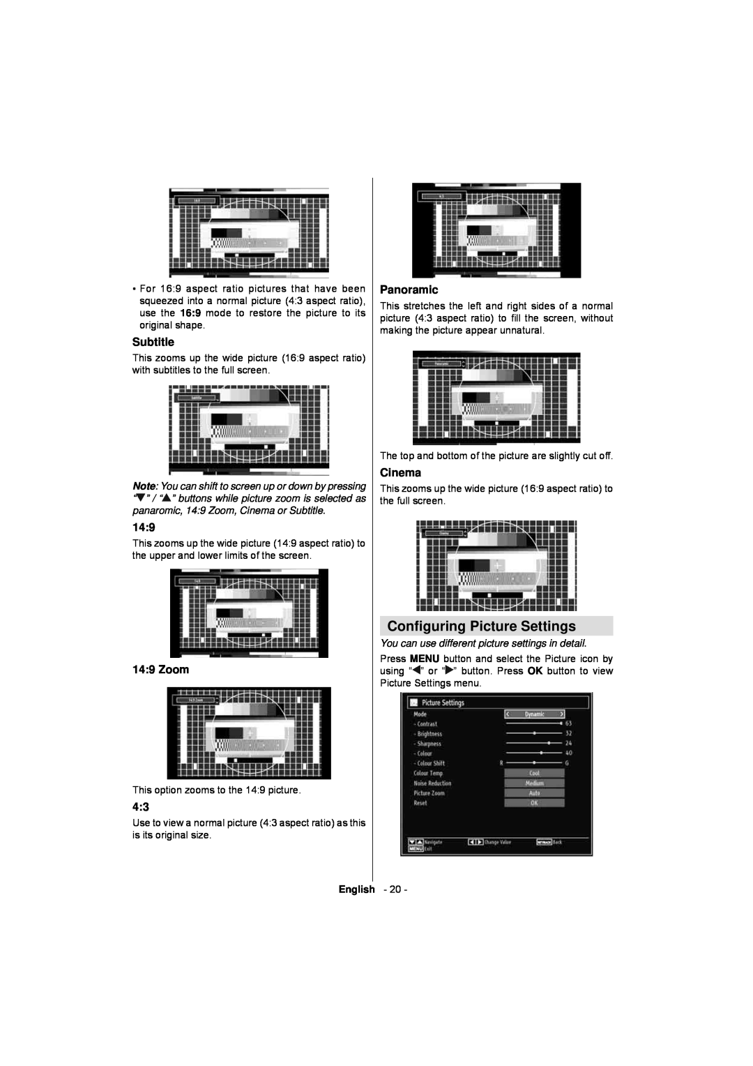 Sanyo CE32LD17E-B instruction manual Conﬁguring Picture Settings, Subtitle, Zoom, Panoramic, Cinema, English 