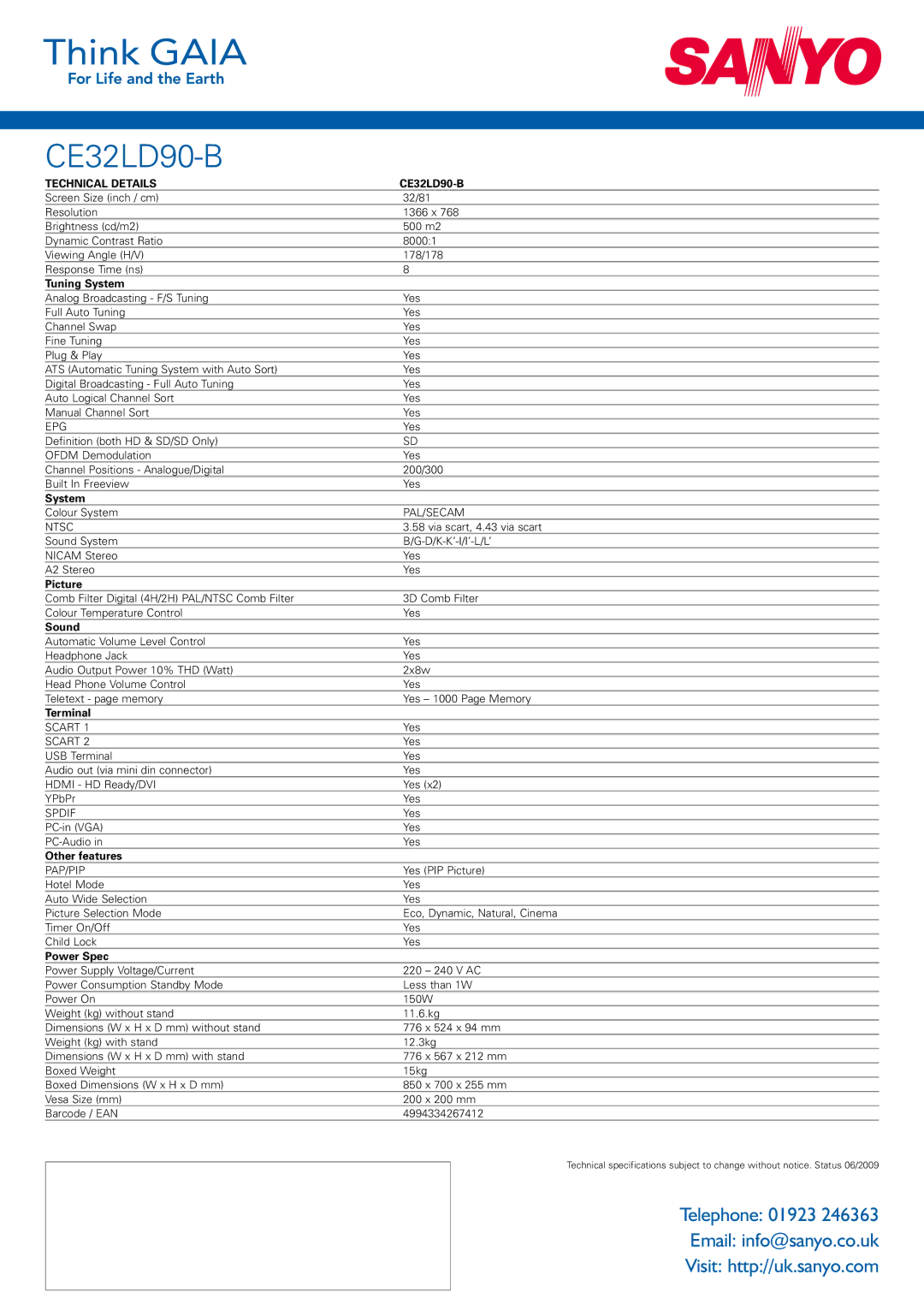 Sanyo CE32LD90-B manual Tuning System, Picture, Sound, Terminal, Other features, Power Spec 