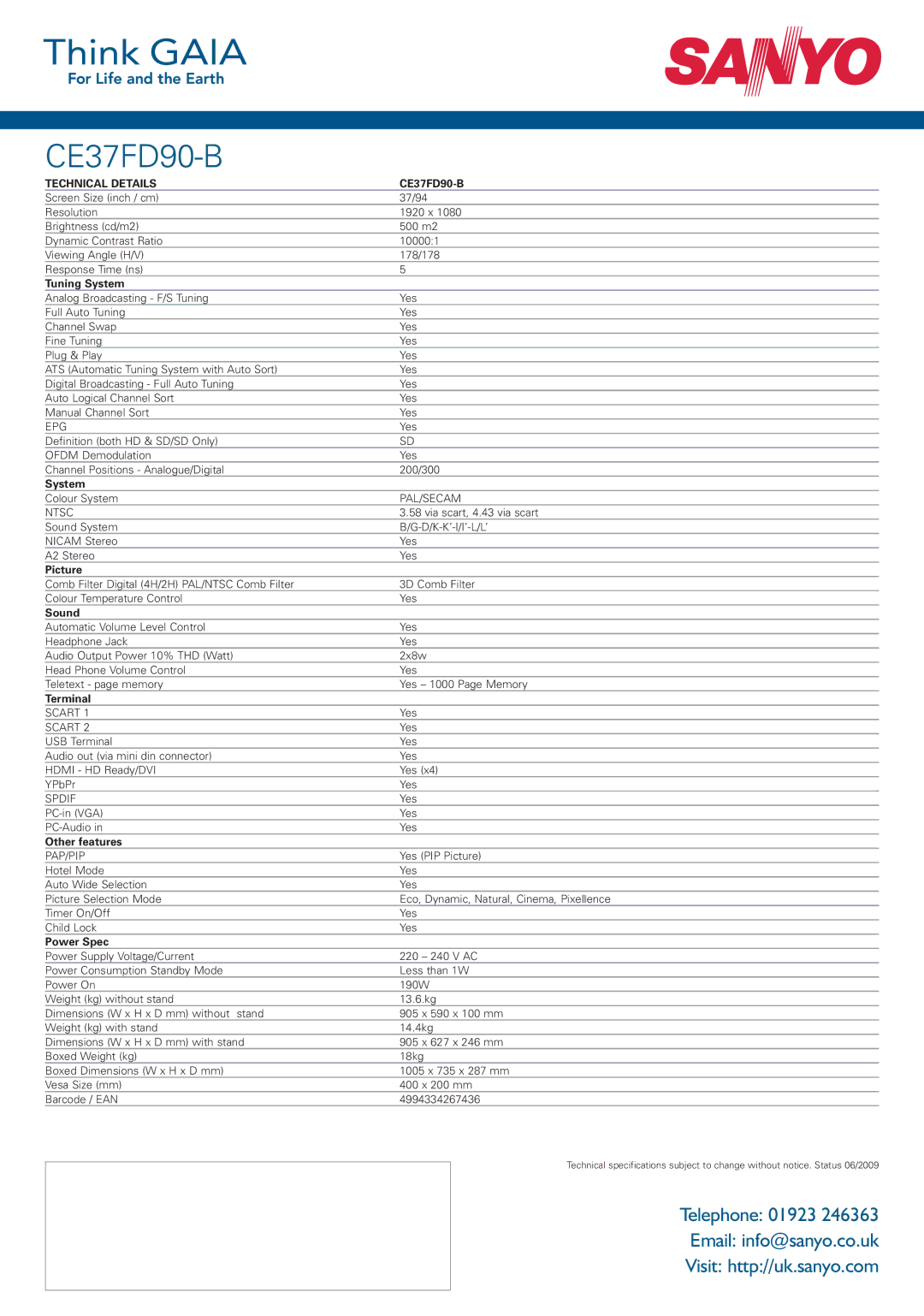 Sanyo CE37FD90-B manual Tuning System, Picture, Sound, Terminal, Other features, Power Spec 