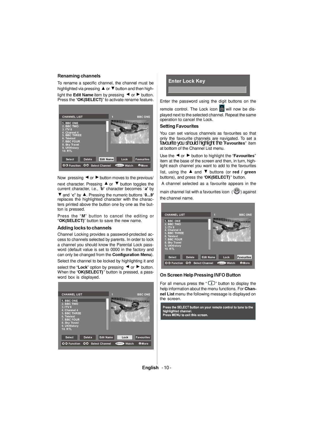 Sanyo CE42FD81-B Renaming channels, Adding locks to channels, Setting Favourites, On Screen Help Pressing Info Button 