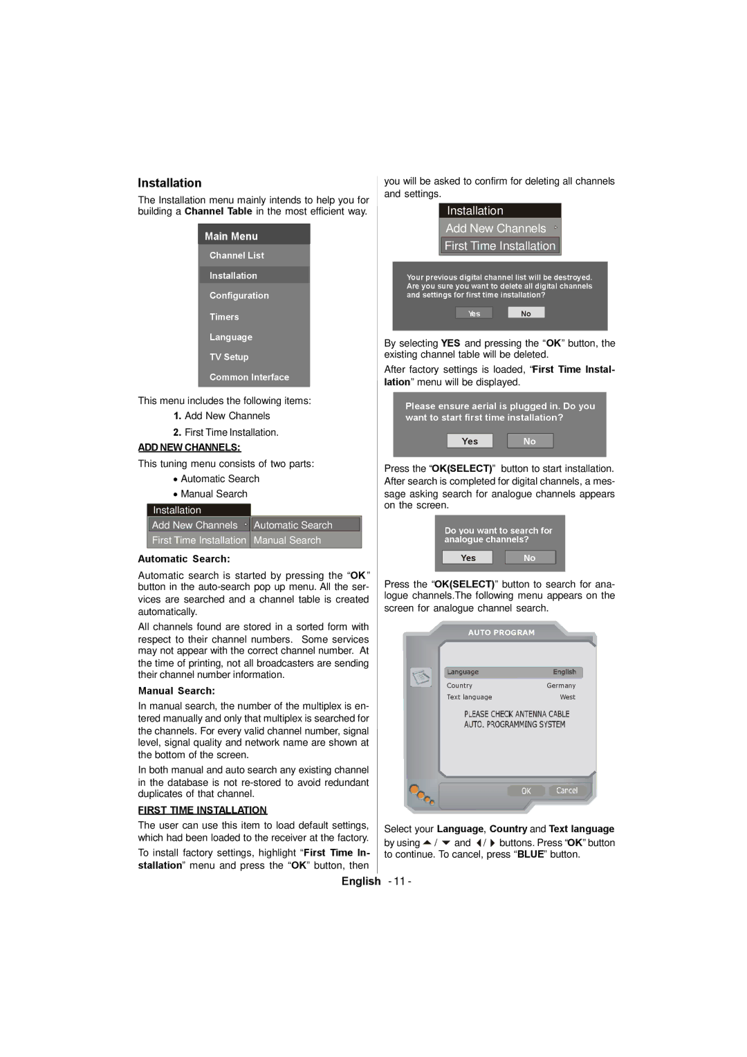 Sanyo CE42FD81-B Installation, Automatic Search, Manual Search, Select your Language, Country and Text language 