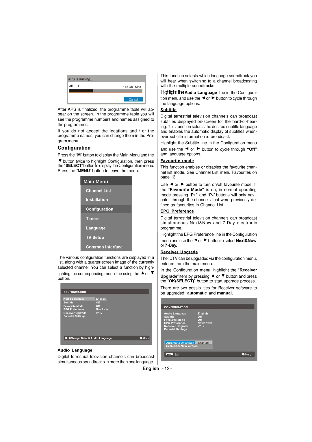 Sanyo CE42FD81-B instruction manual Configuration, Audio Language, Favourite mode, EPG Preference, Receiver Upgrade 