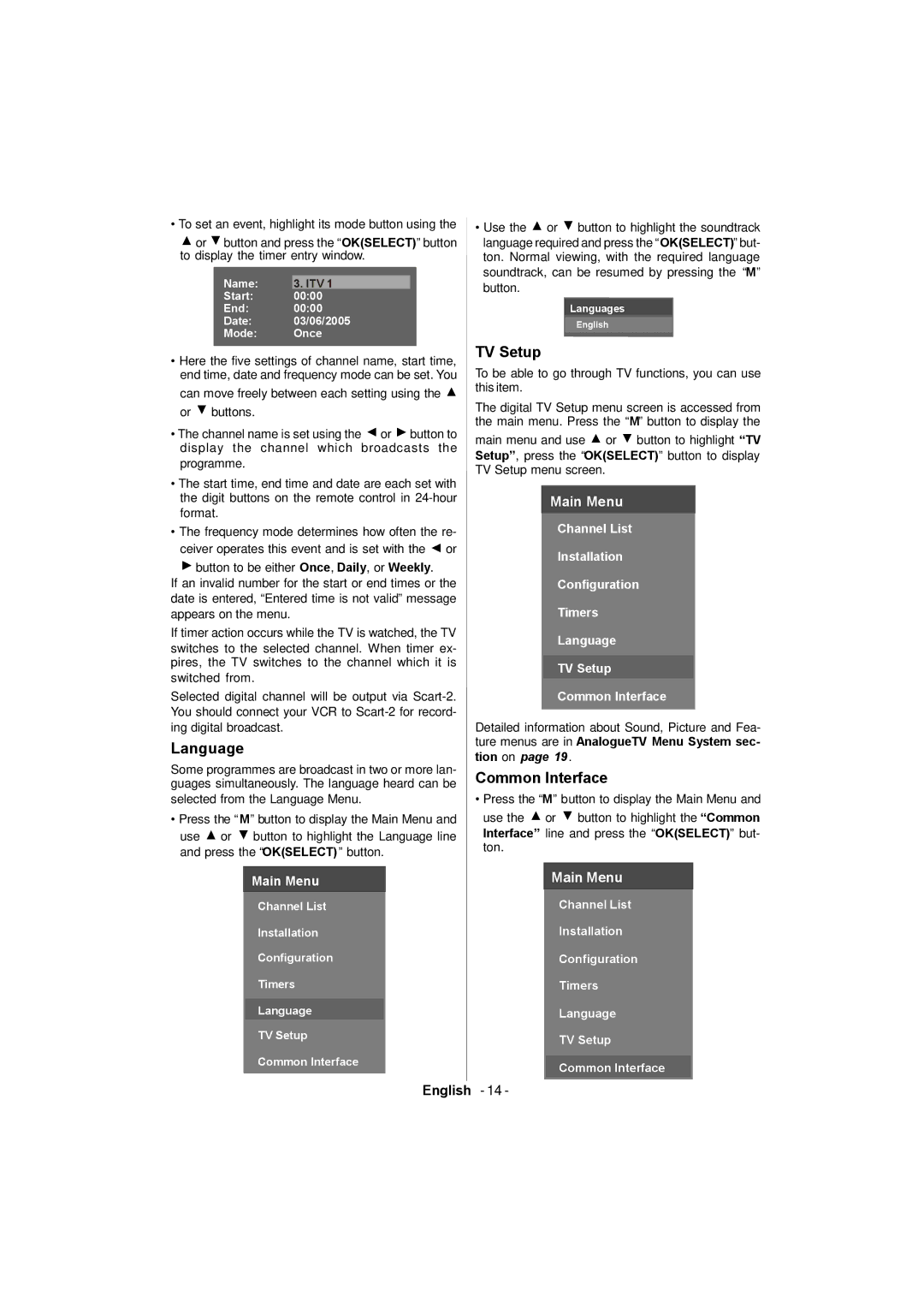 Sanyo CE42FD81-B instruction manual Language, TV Setup, Common Interface 