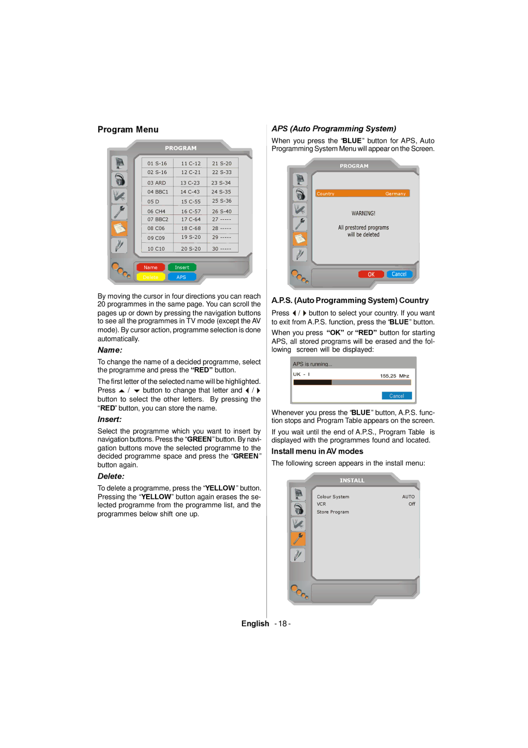 Sanyo CE42FD81-B instruction manual Program Menu, S. Auto Programming System Country, Install menu in AV modes 