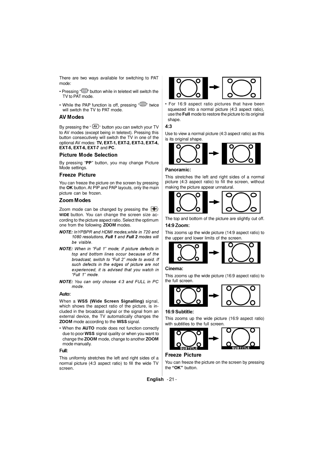 Sanyo CE42FD81-B instruction manual AV Modes, Picture Mode Selection, Freeze Picture, Zoom Modes 