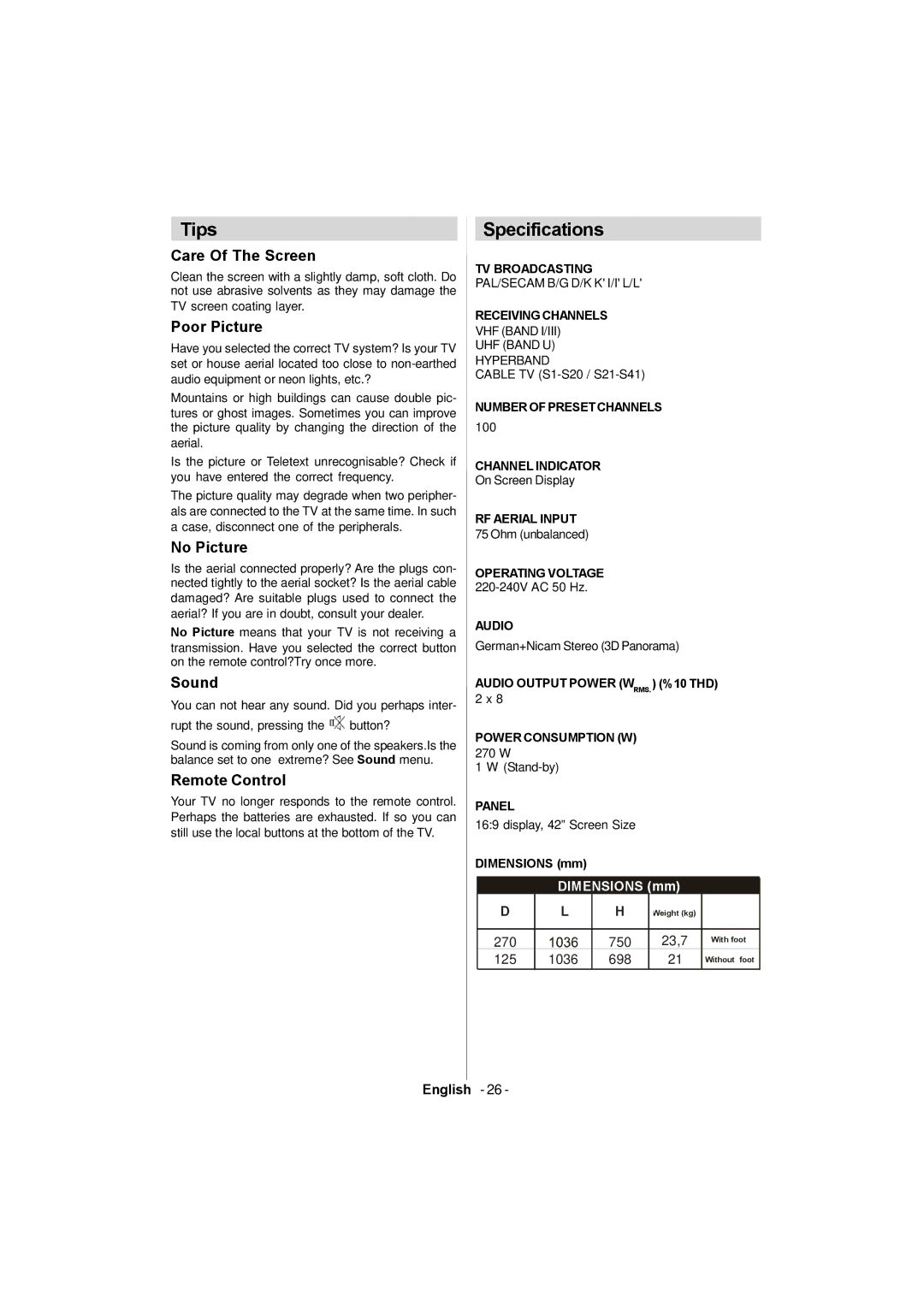 Sanyo CE42FD81-B instruction manual Tips, Specifications 