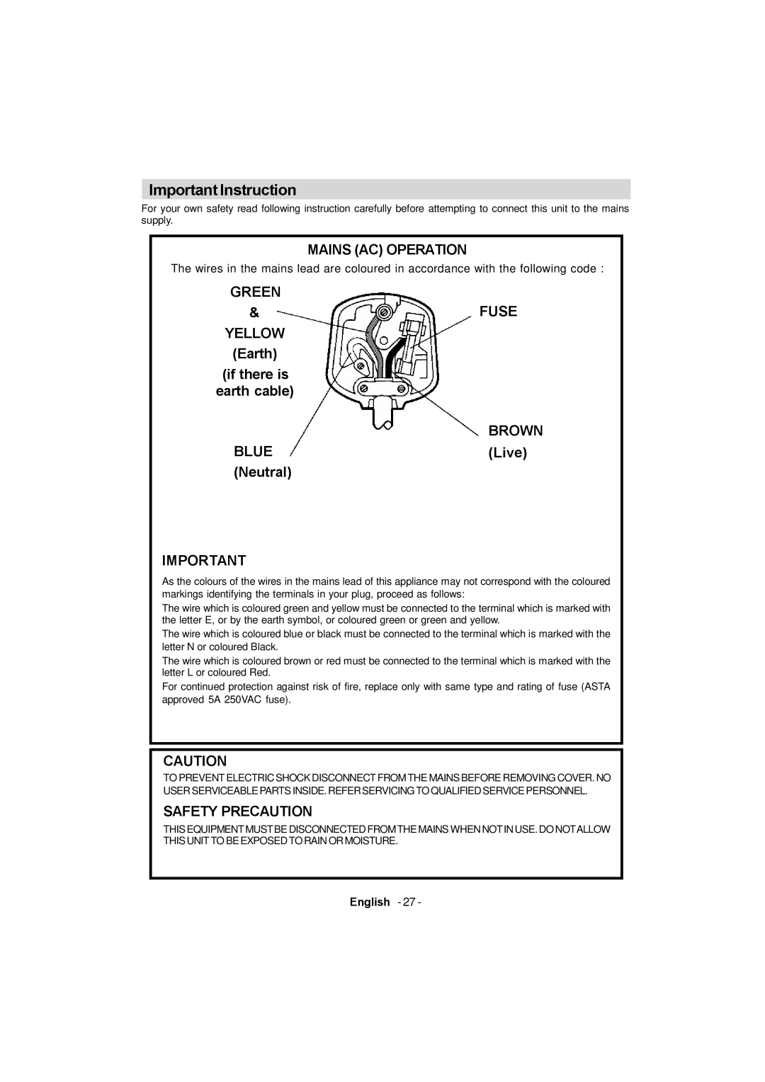 Sanyo CE42FD81-B instruction manual Important Instruction, Brown Blue 