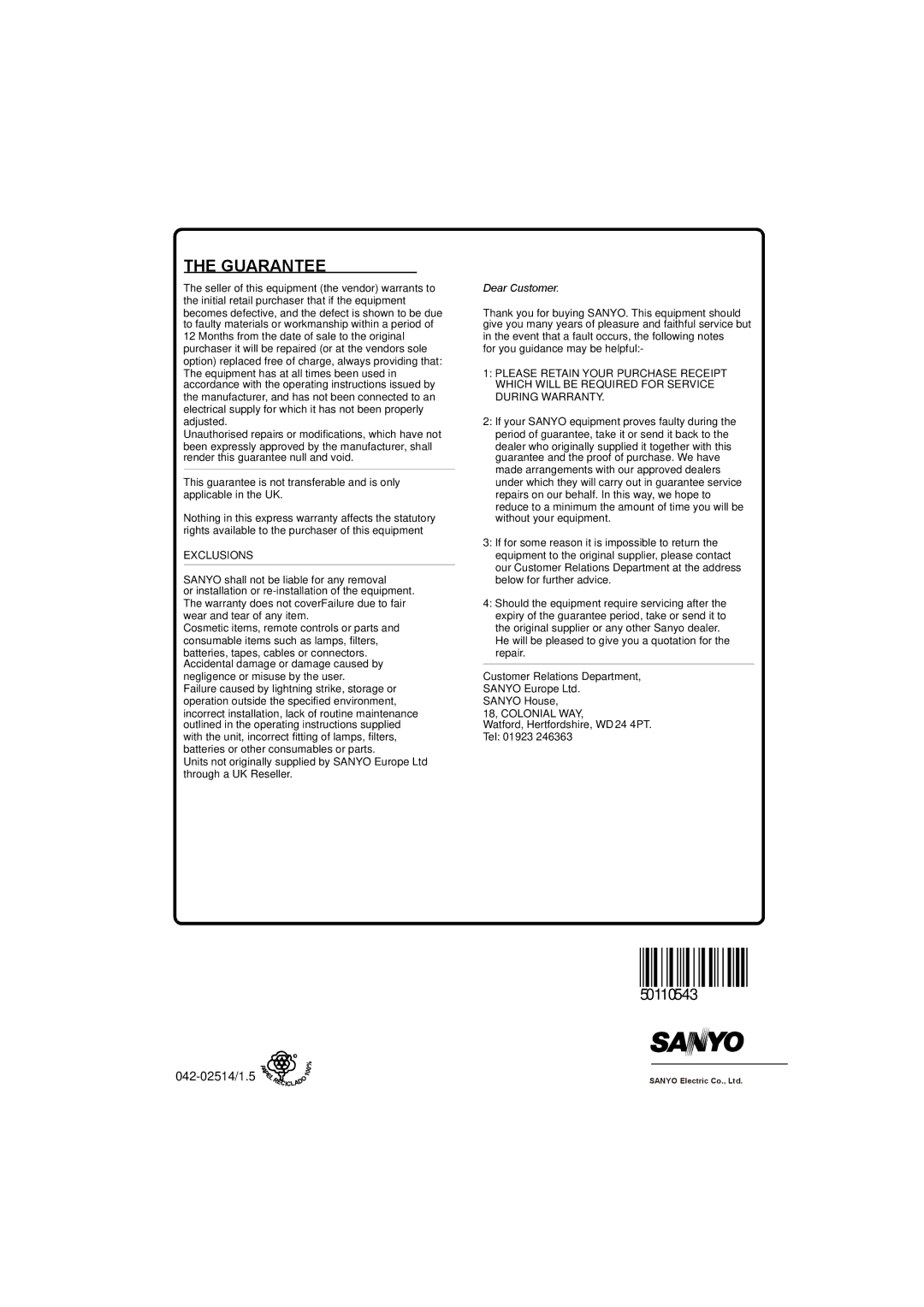 Sanyo CE42FD81-B instruction manual Guarantee, 50110543 