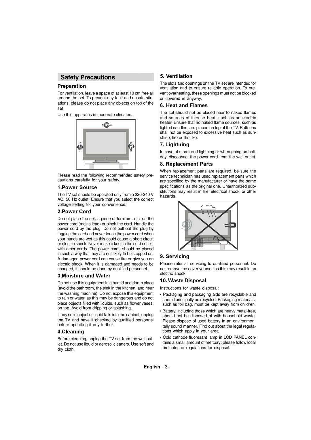 Sanyo CE42FD81-B instruction manual Safety Precautions 