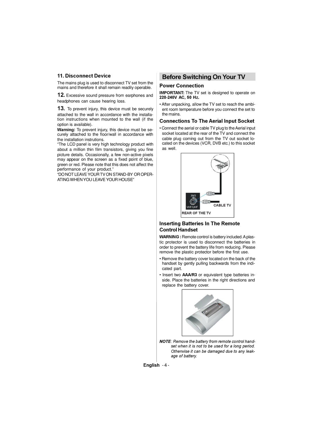 Sanyo CE42FD81-B Before Switching On Your TV, Disconnect Device, Power Connection, Connections To The Aerial Input Socket 