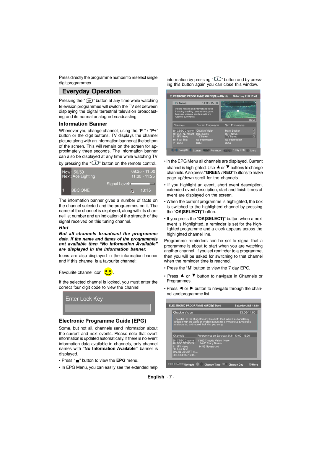 Sanyo CE42FD81-B instruction manual Everyday Operation, Information Banner, Electronic Programme Guide EPG 