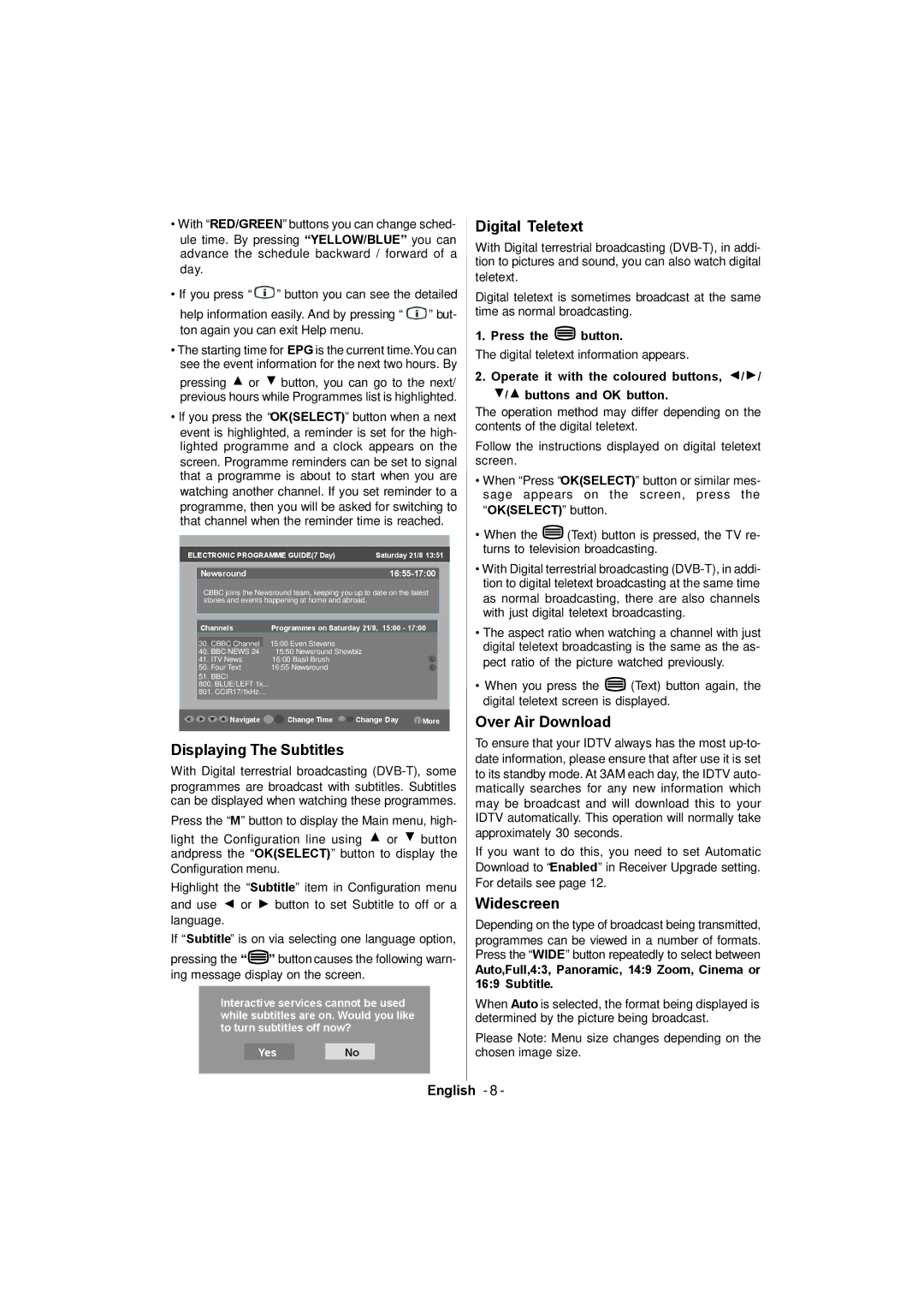 Sanyo CE42FD81-B instruction manual Displaying The Subtitles, Digital Teletext, Over Air Download, Widescreen 