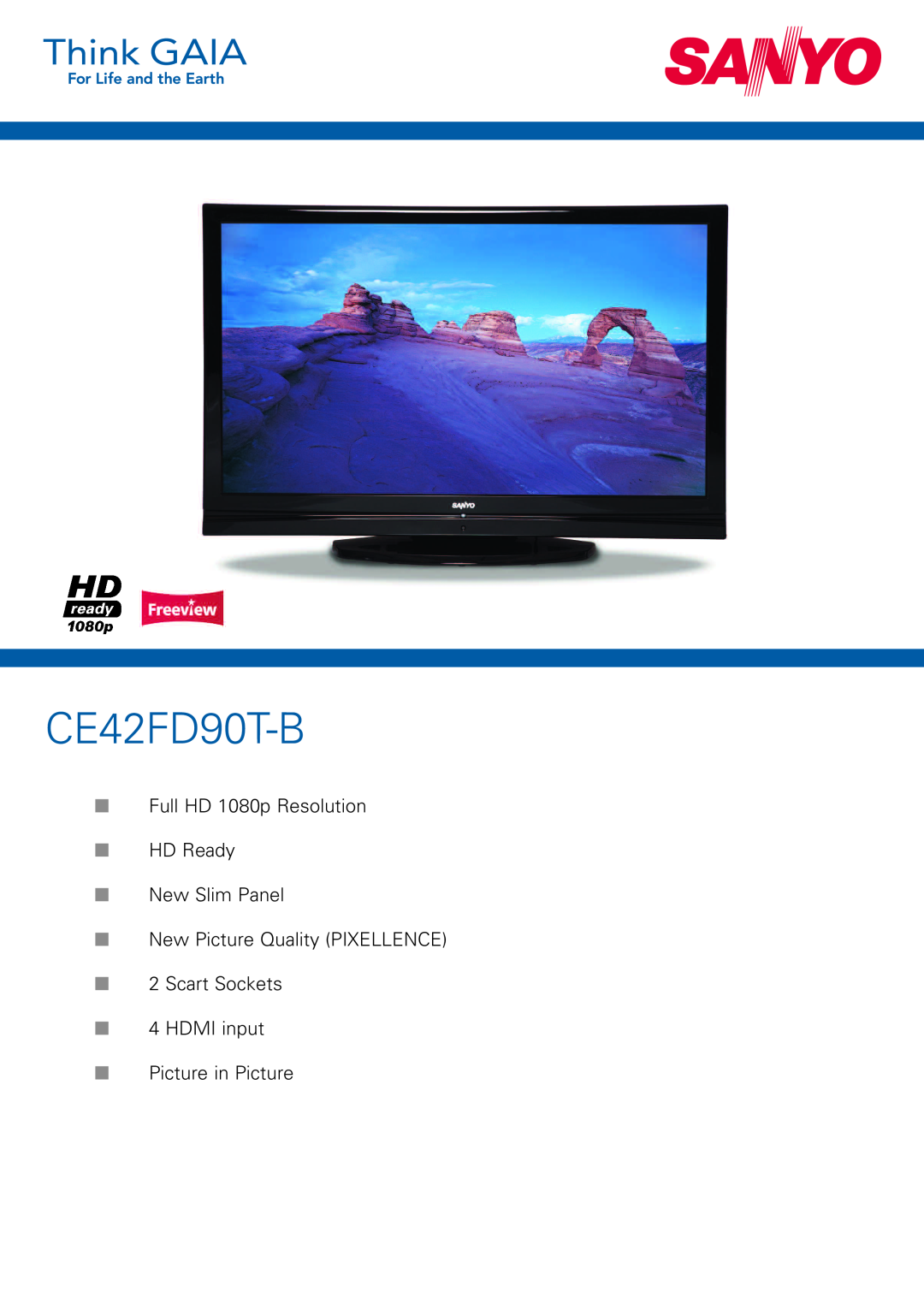 Sanyo CE42FD90T-B manual Full HD 1080p Resolution HD Ready New Slim Panel, Picture in Picture 