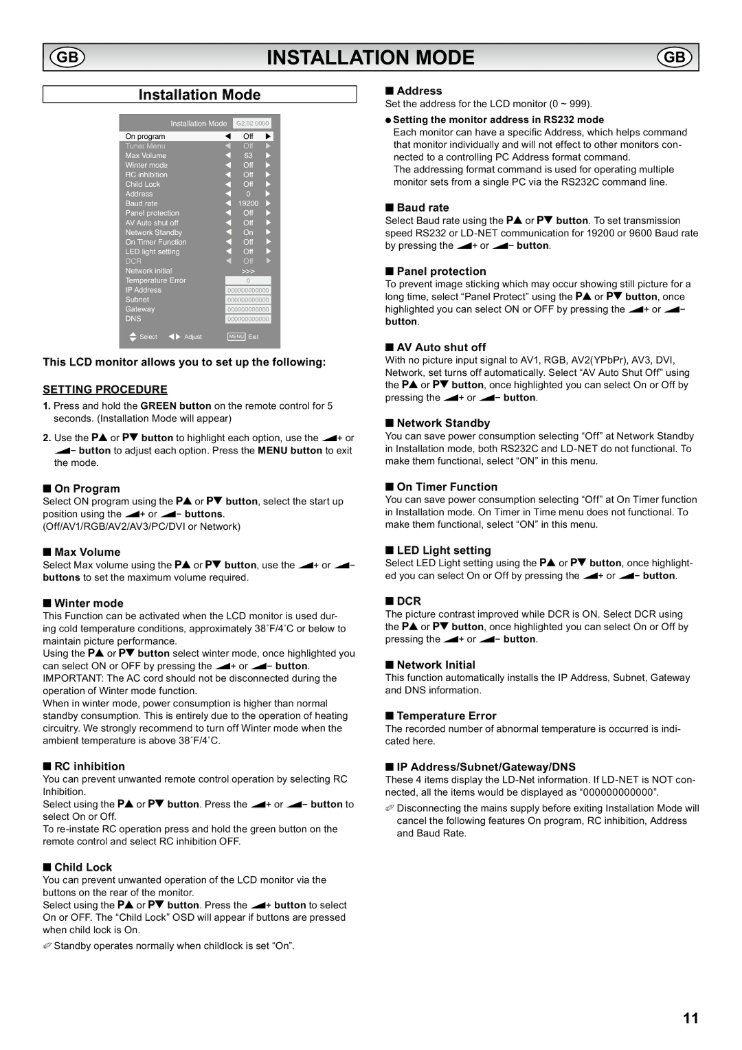 Sanyo CE42LH2DPB, CE42LH2WP instruction manual Installation Mode, Setting Procedure, Dcr 