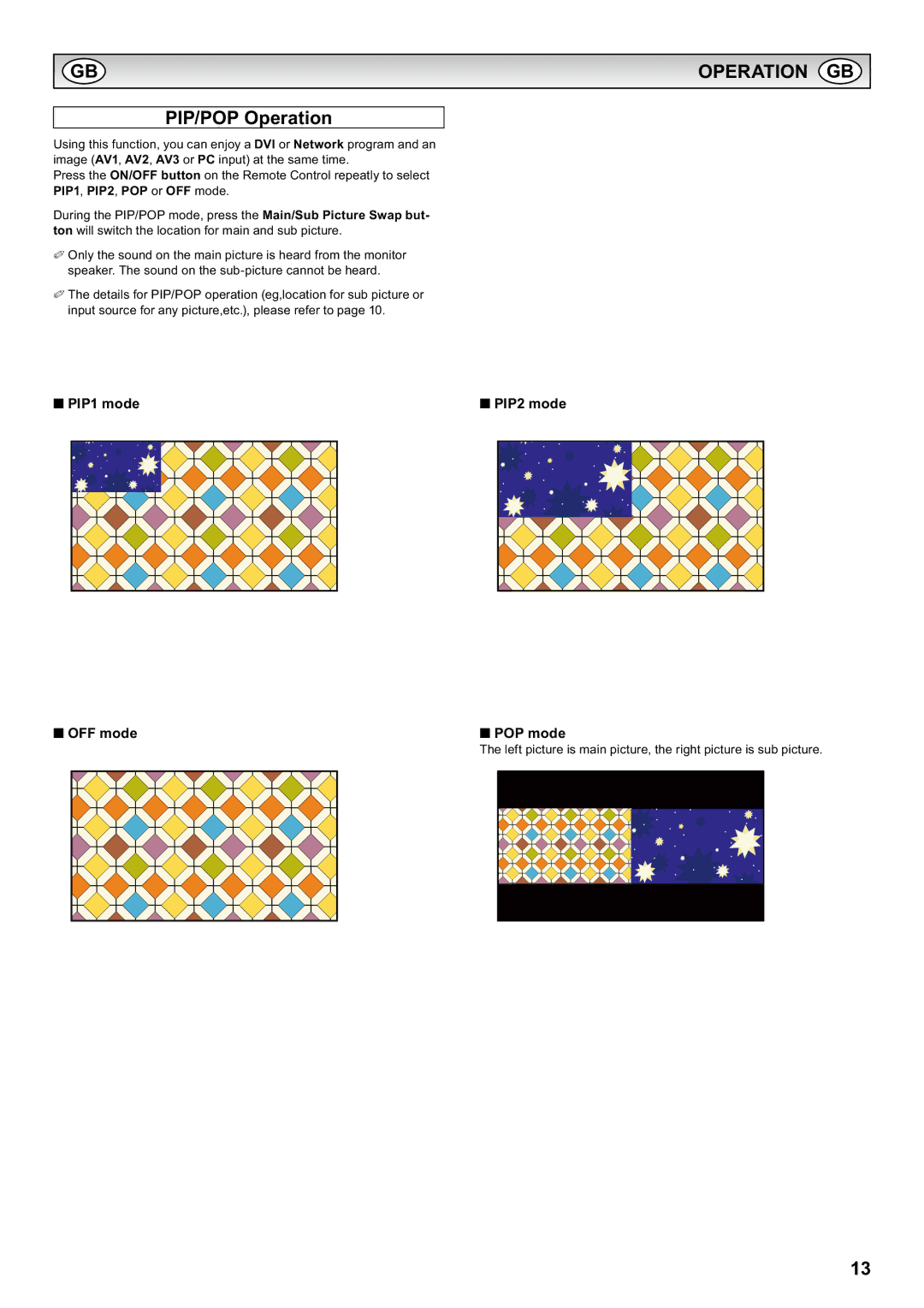 Sanyo CE42LH2DPB Operation GB, PIP/POP Operation, OFF mode, VSHDNHU7KHVRXQGRQWKHVXESLFWXUHFDQQRWEHKHDUG 