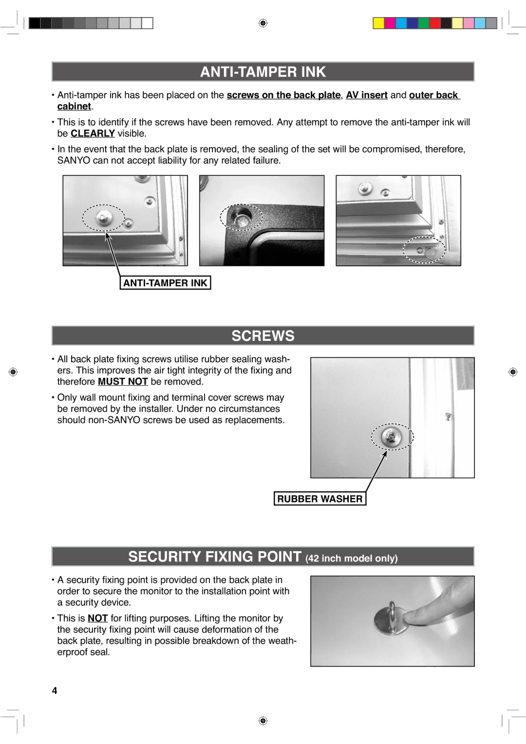 Sanyo CE42LH2WP, CE42LH2DPB instruction manual Anti-Tamper Ink, Screws 