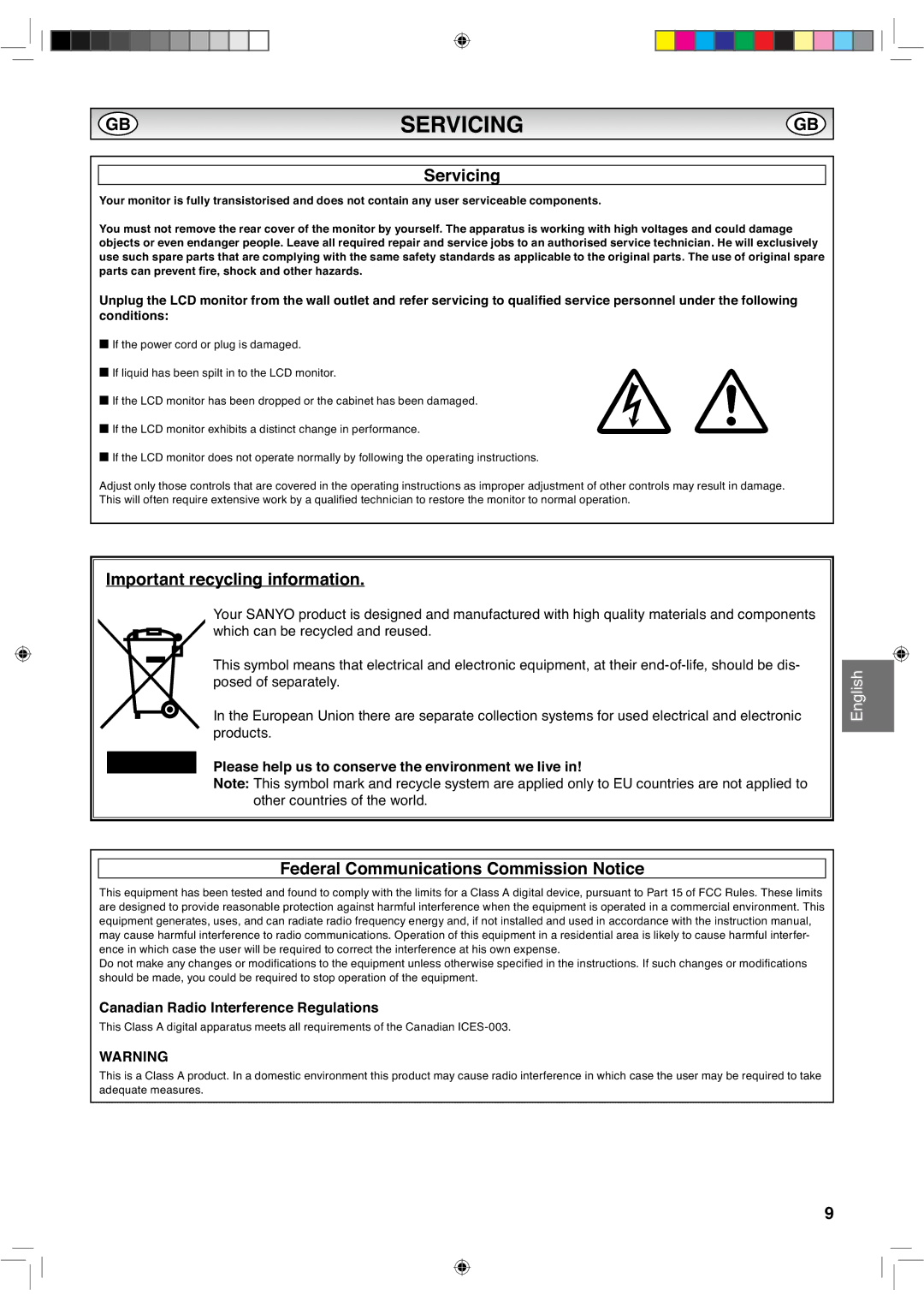 Sanyo CE42LH2DPB, CE42LH2WP Servicing, Important recycling information, Federal Communications Commission Notice 