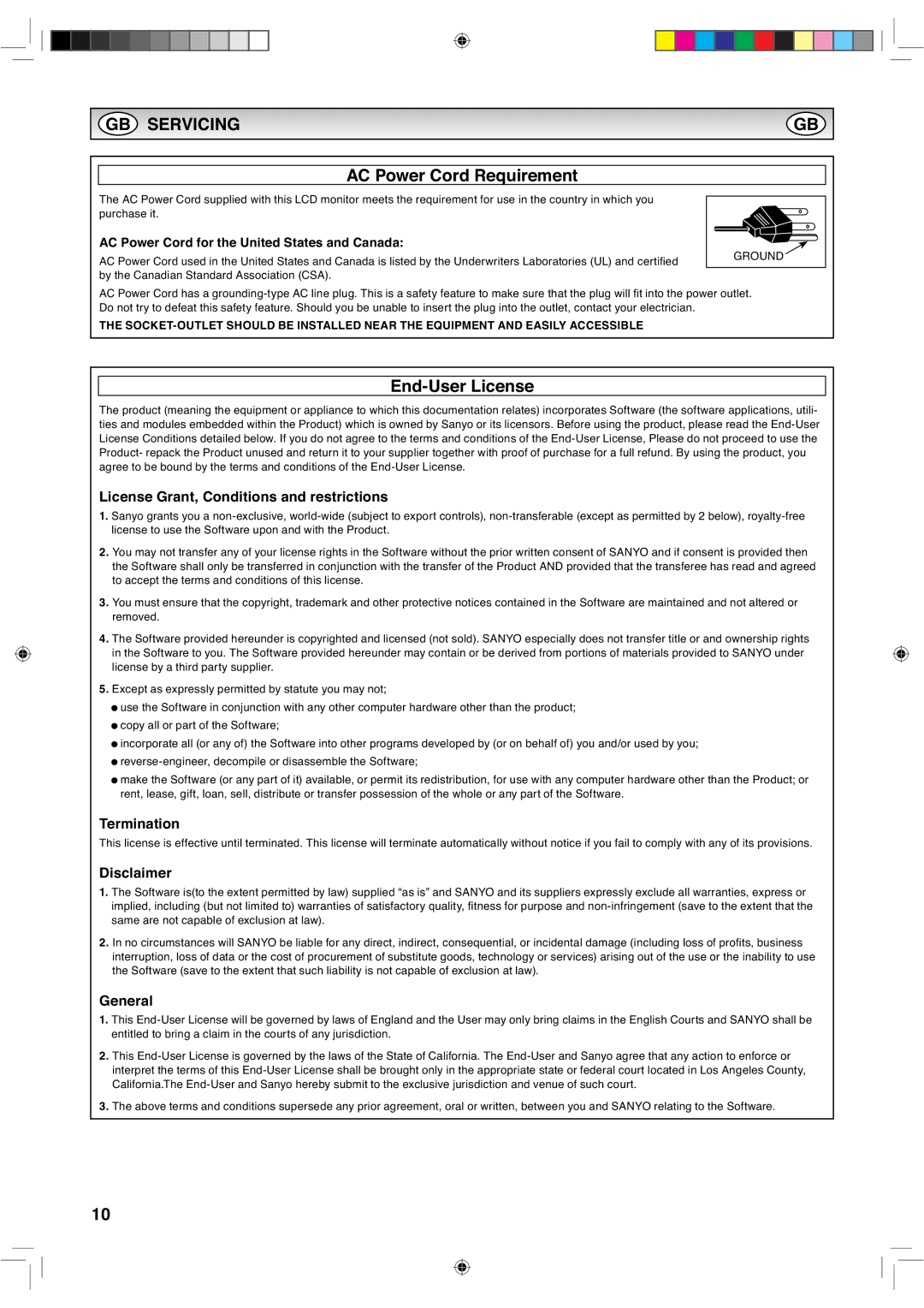 Sanyo CE42LH2WP, CE42LH2DPB instruction manual AC Power Cord Requirement, End-User License 