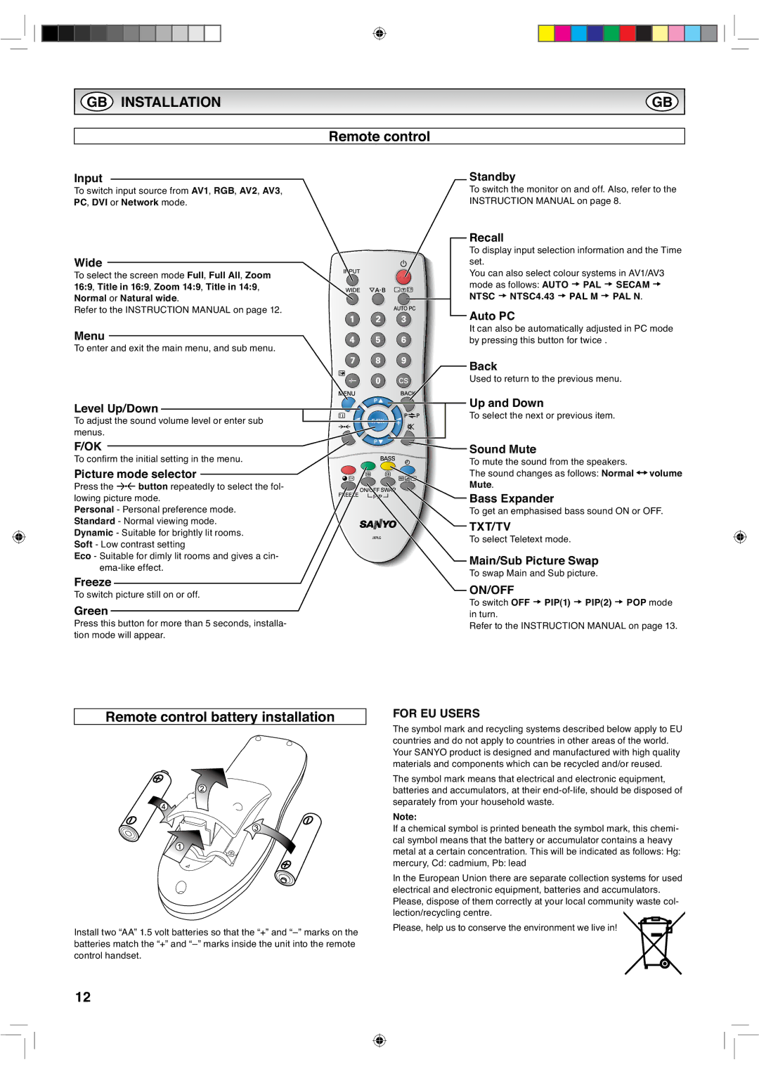 Sanyo CE42LH2WP, CE42LH2DPB instruction manual Remote control battery installation 