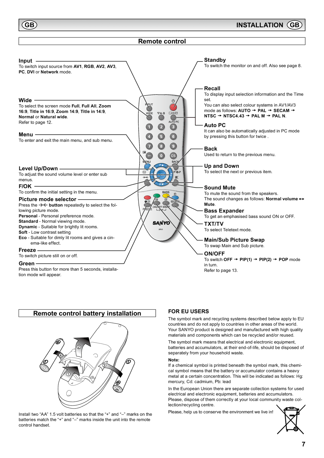 Sanyo CE42LH2DPB, CE42LH2WP instruction manual Installation GB, Remote control battery installation 