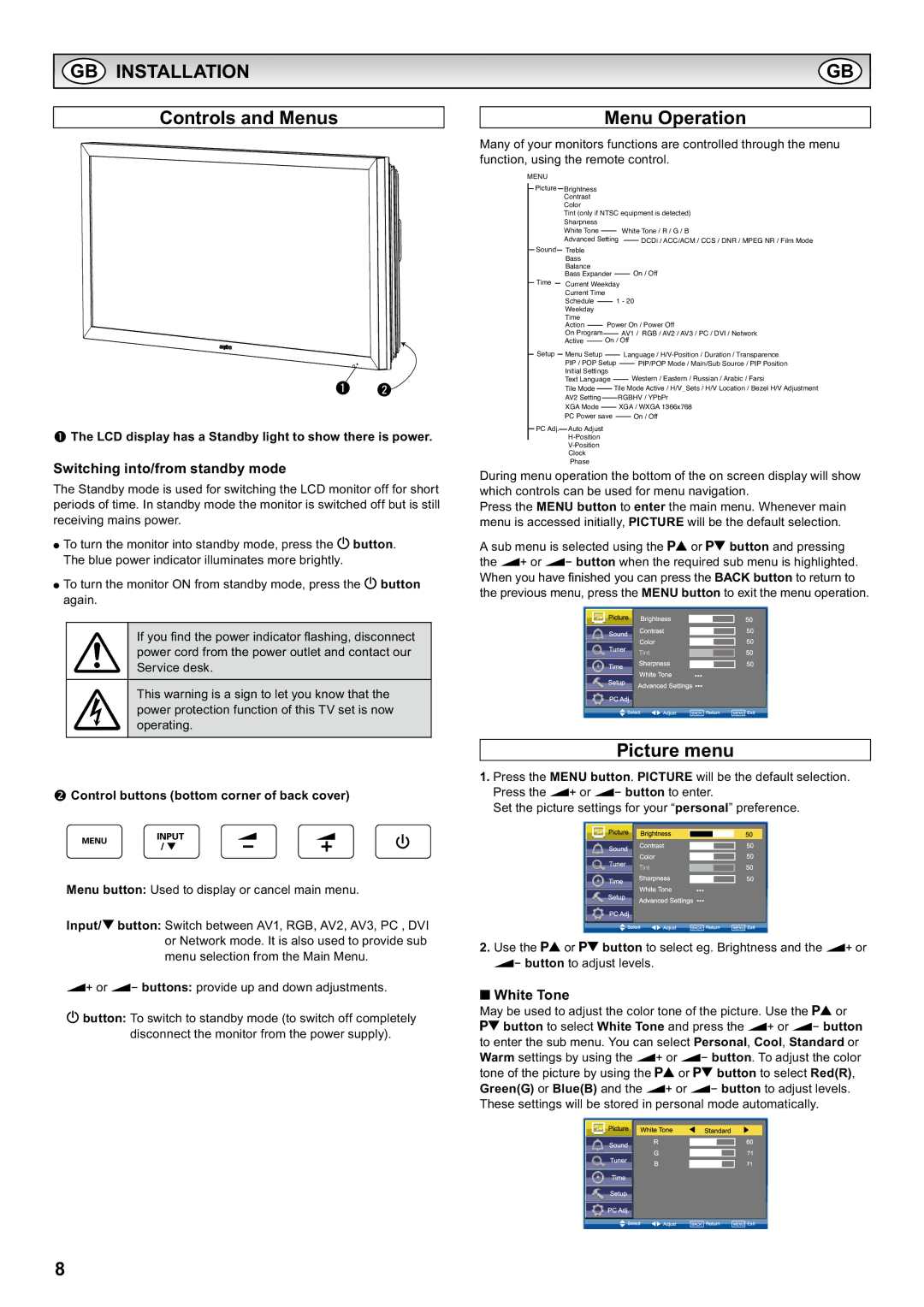 Sanyo CE42LH2WP, CE42LH2DPB instruction manual GB Installation, Controls and Menus, Menu Operation, Picture menu 