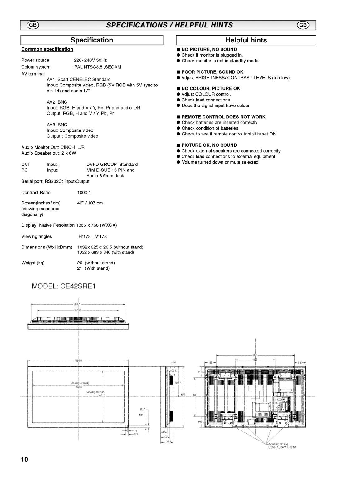 Sanyo CE42SRE1 instruction manual Specification, Helpful hints 