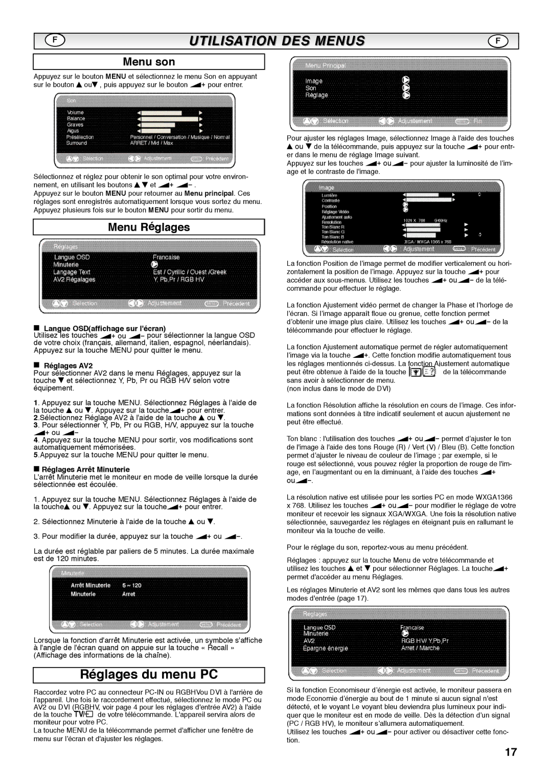 Sanyo CE42SRE1 Menu son, Menu Réglages, Langue OSDaffichage sur lécran, Réglages AV2, Réglages Arrêt Minuterie 