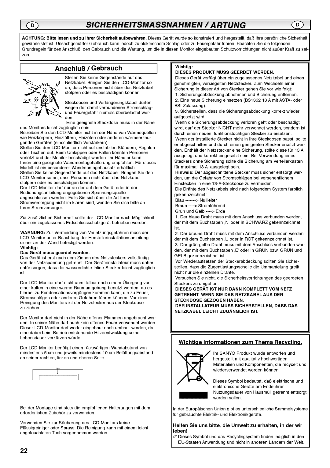 Sanyo CE42SRE1 Anschluß / Gebrauch, Wichtige Informationen zum Thema Recycling, Wichtig Das Gerät muss geerdet werden 