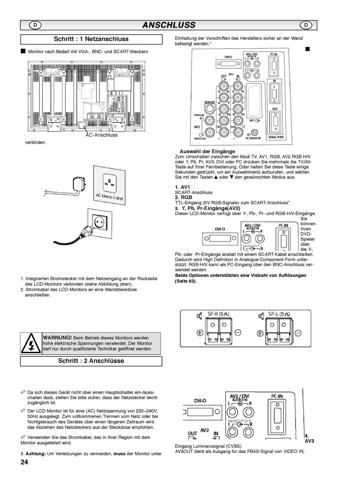 Sanyo CE42SRE1 instruction manual Schritt 1 Netzanschluss, Schritt 2 Anschlüsse, Auswahl der Eingänge, Pb, Pr-EingängeAV2 