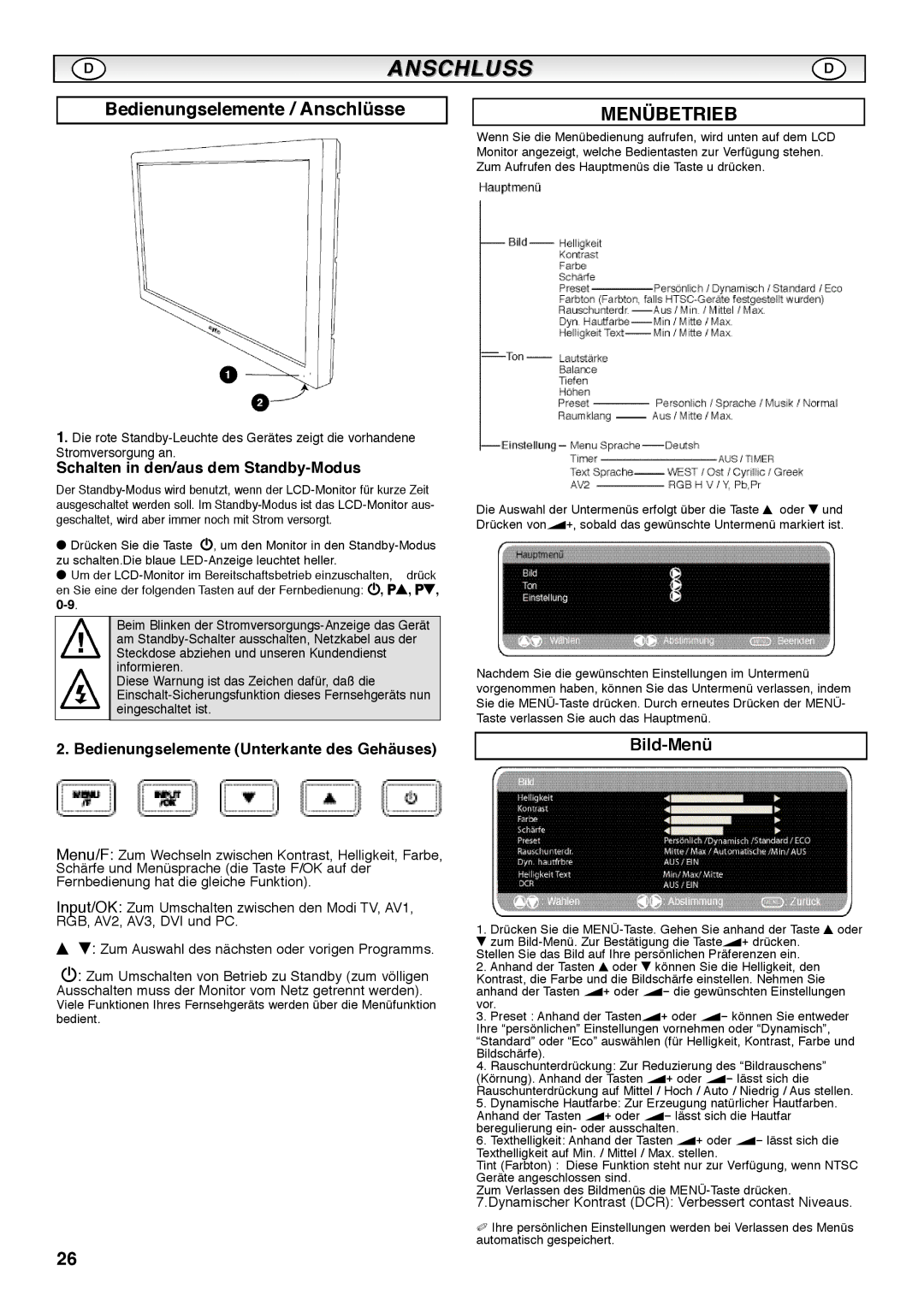 Sanyo CE42SRE1 instruction manual Bedienungselemente / Anschlüsse, Bild-Menü, Schalten in den/aus dem Standby-Modus 