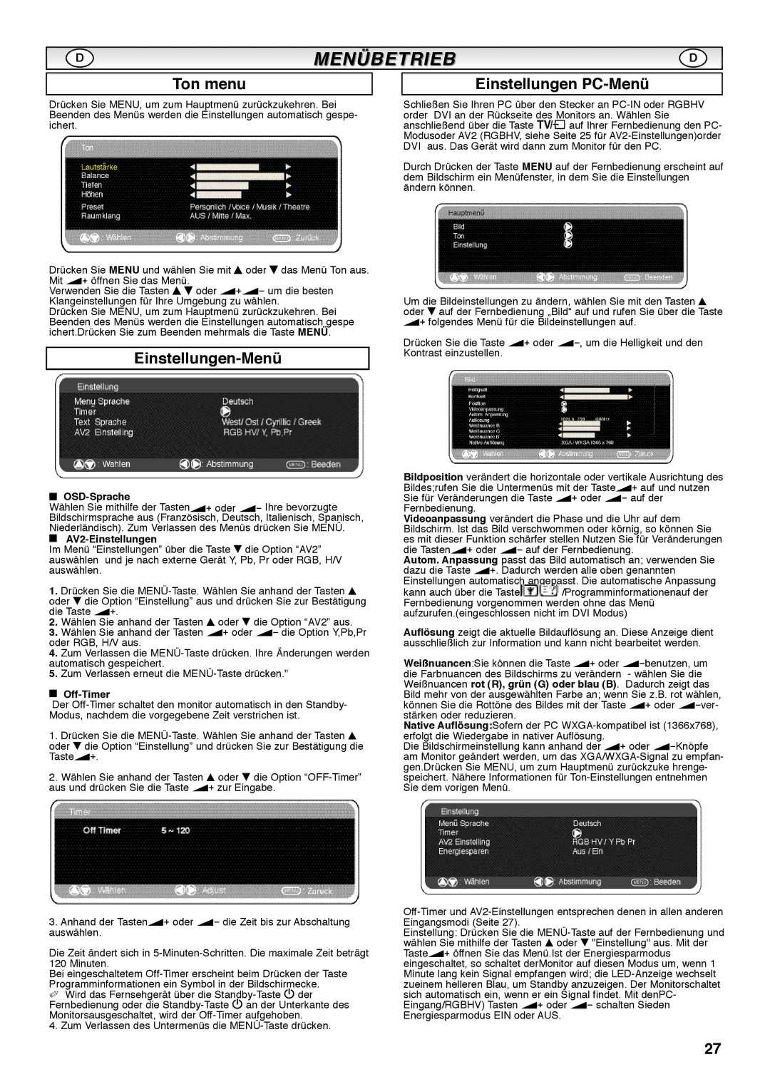 Sanyo CE42SRE1 instruction manual Ton menu, Einstellungen-Menü, Einstellungen PC-Menü 