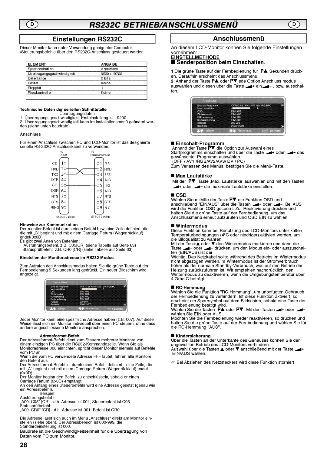 Sanyo CE42SRE1 instruction manual Einstellungen RS232C, Anschlussmenü, Senderposition beim Einschalten 