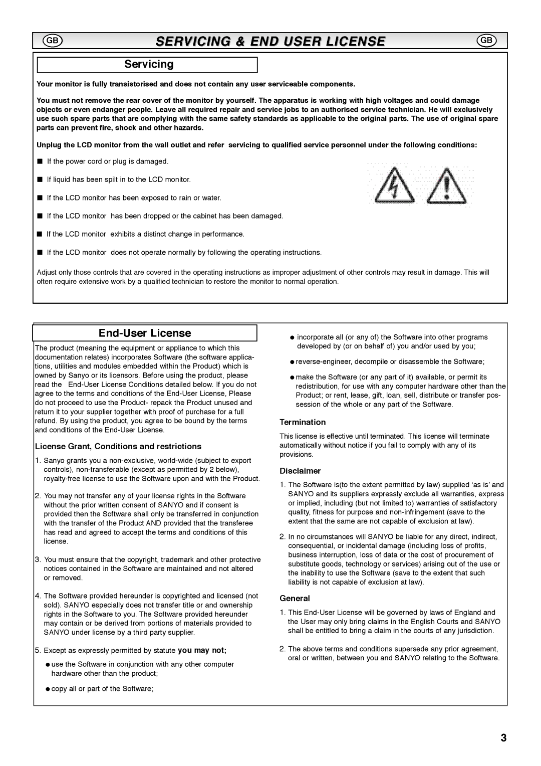 Sanyo CE42SRE1 instruction manual Servicing, End-User License 