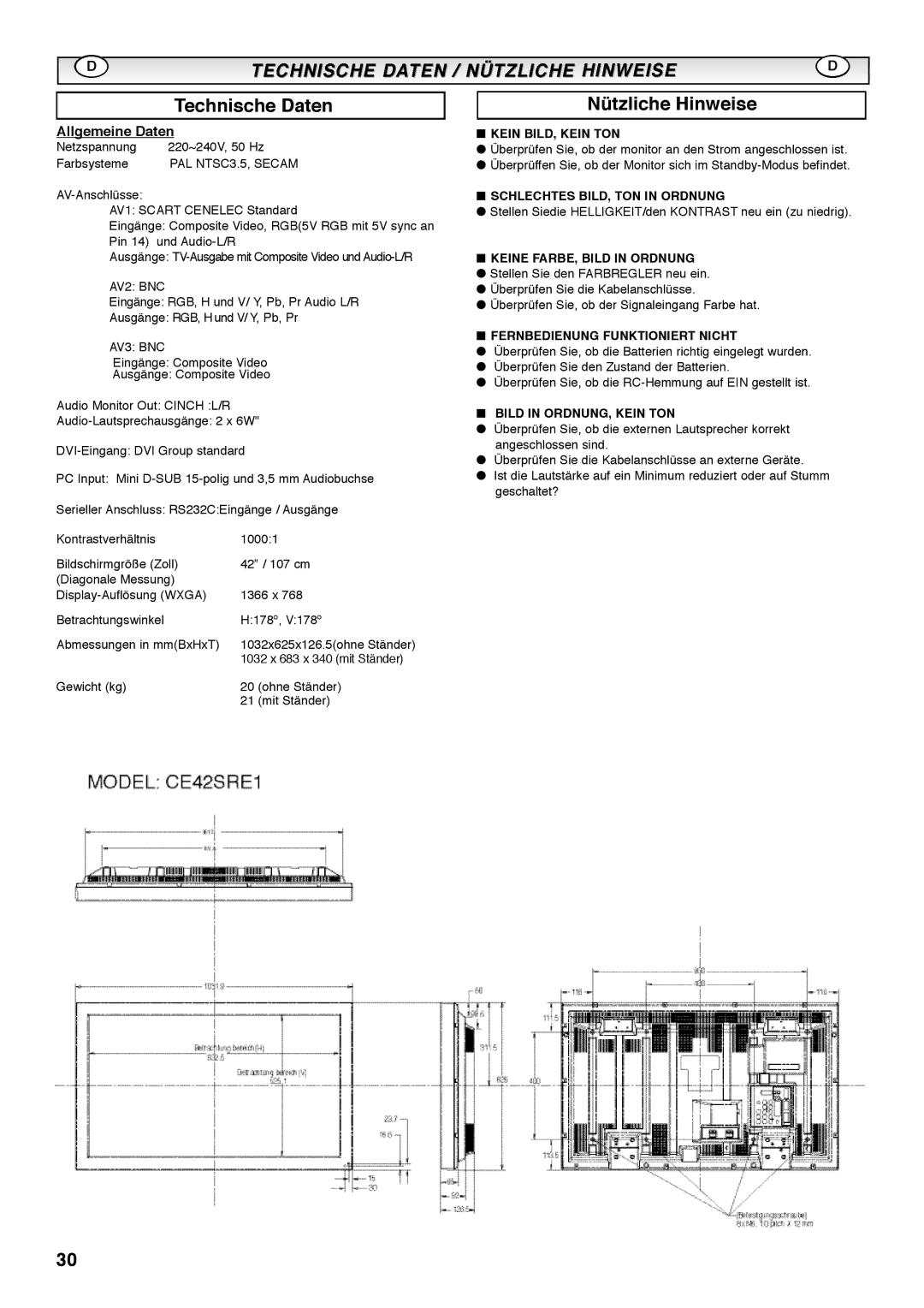 Sanyo CE42SRE1 instruction manual Nützliche Hinweise, Technische Daten, Allgemeine Daten 