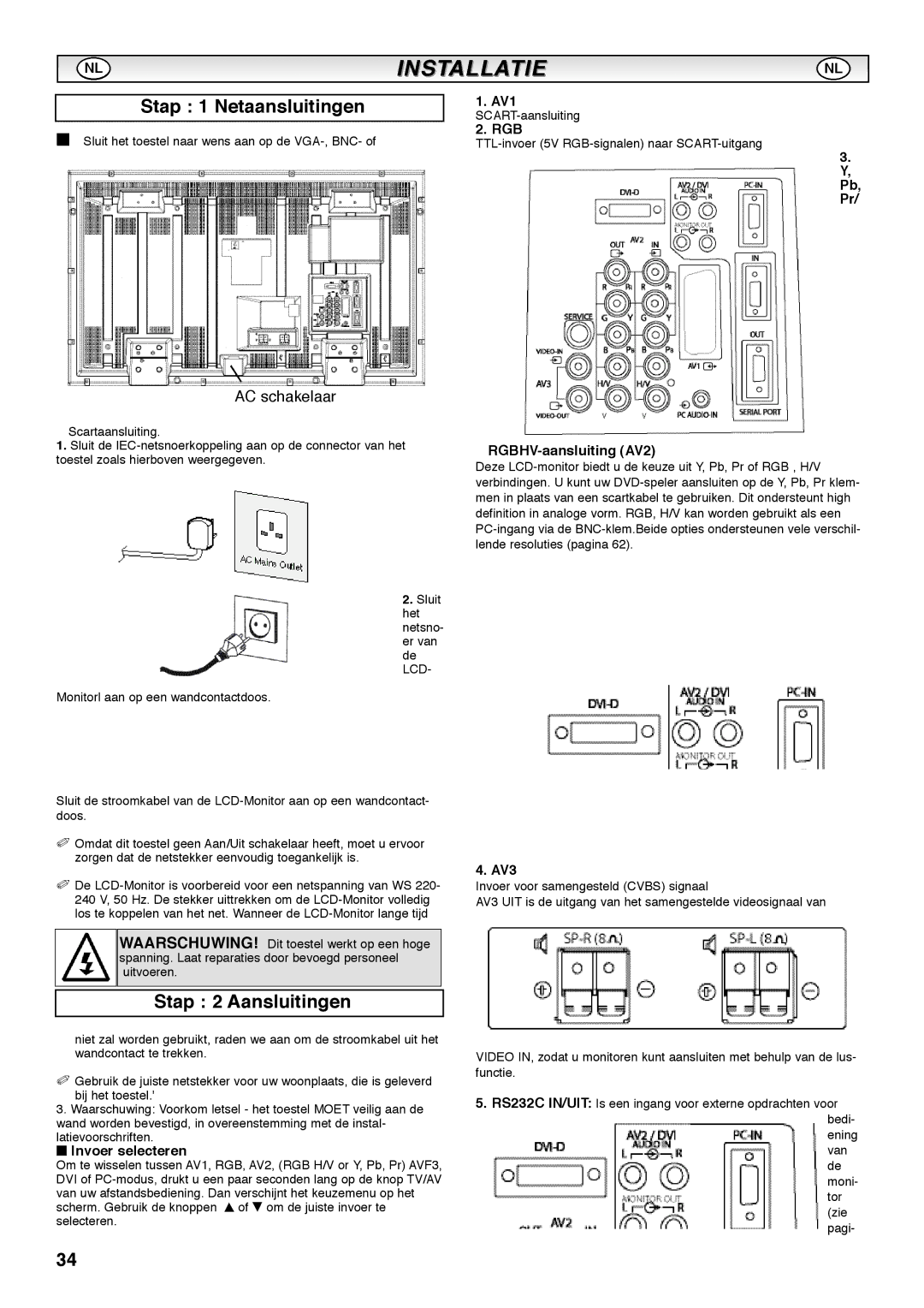 Sanyo CE42SRE1 instruction manual Stap 1 Netaansluitingen, Stap 2 Aansluitingen, Invoer selecteren, RGBHV-aansluiting AV2 