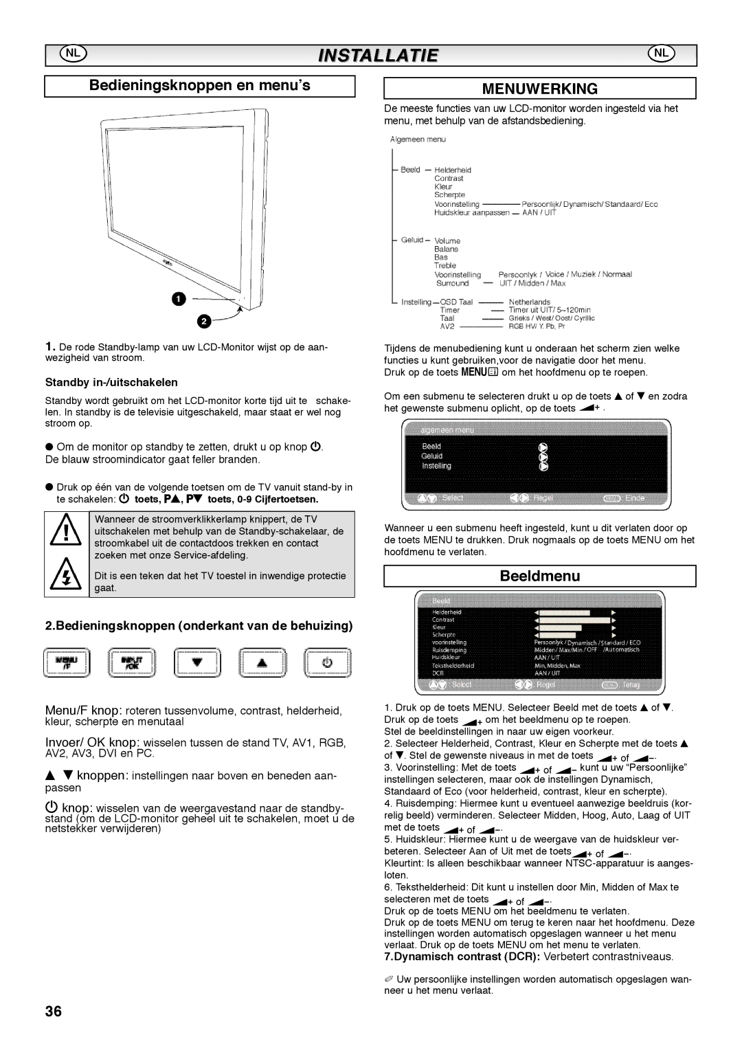 Sanyo CE42SRE1 instruction manual Bedieningsknoppen en menu’s, Beeldmenu, Bedieningsknoppen onderkant van de behuizing 