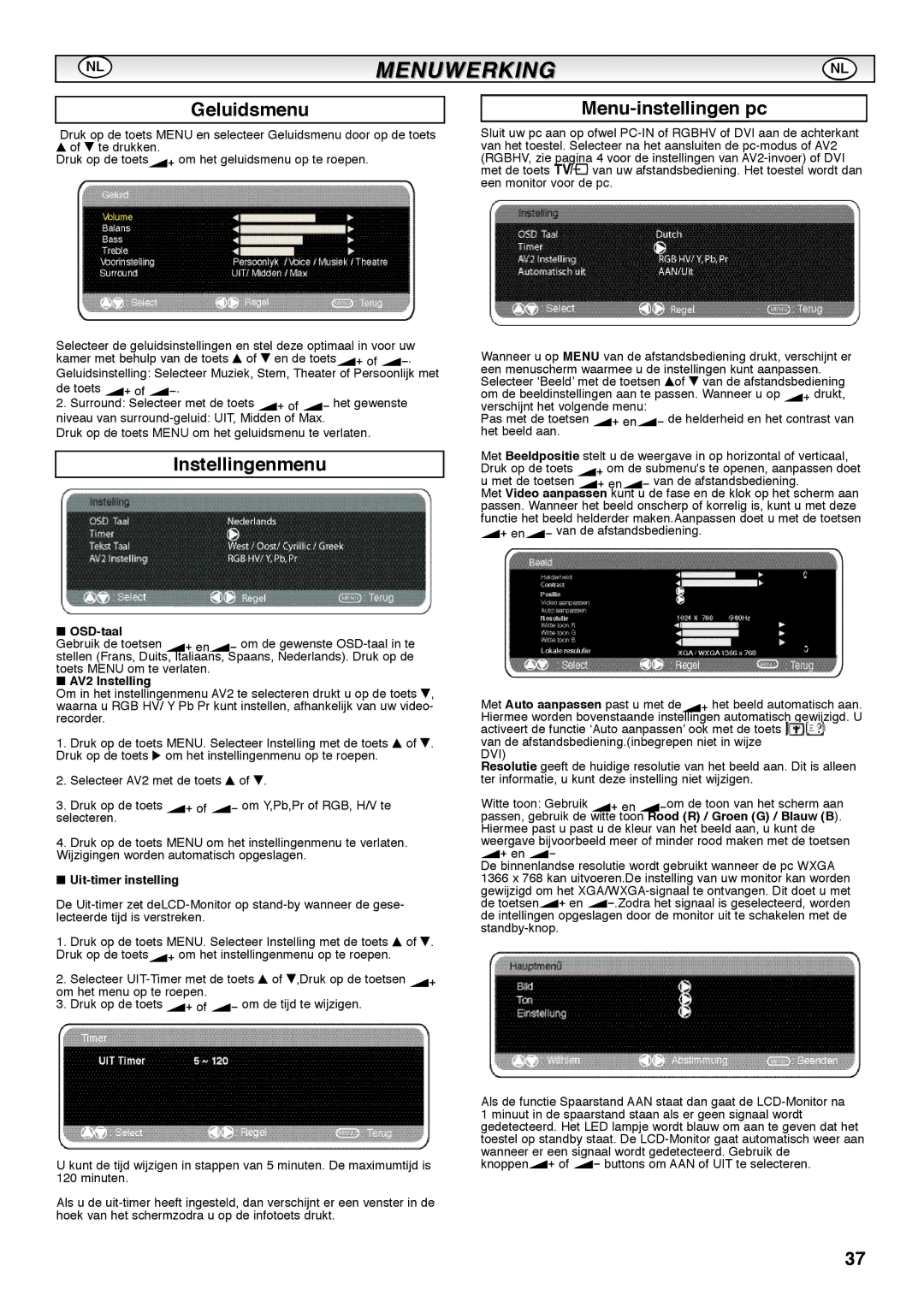 Sanyo CE42SRE1 instruction manual Geluidsmenu, Instellingenmenu, Menu-instellingen pc 