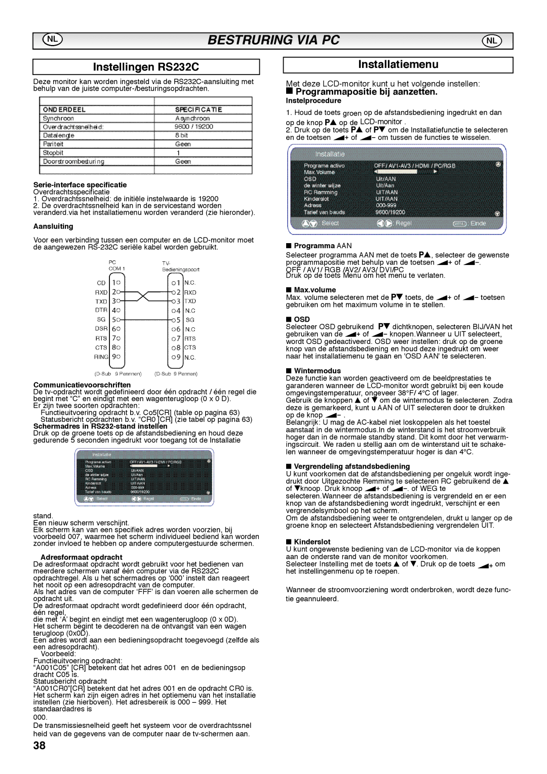 Sanyo CE42SRE1 instruction manual Instellingen RS232C, Installatiemenu, Programmapositie bij aanzetten, Osd 