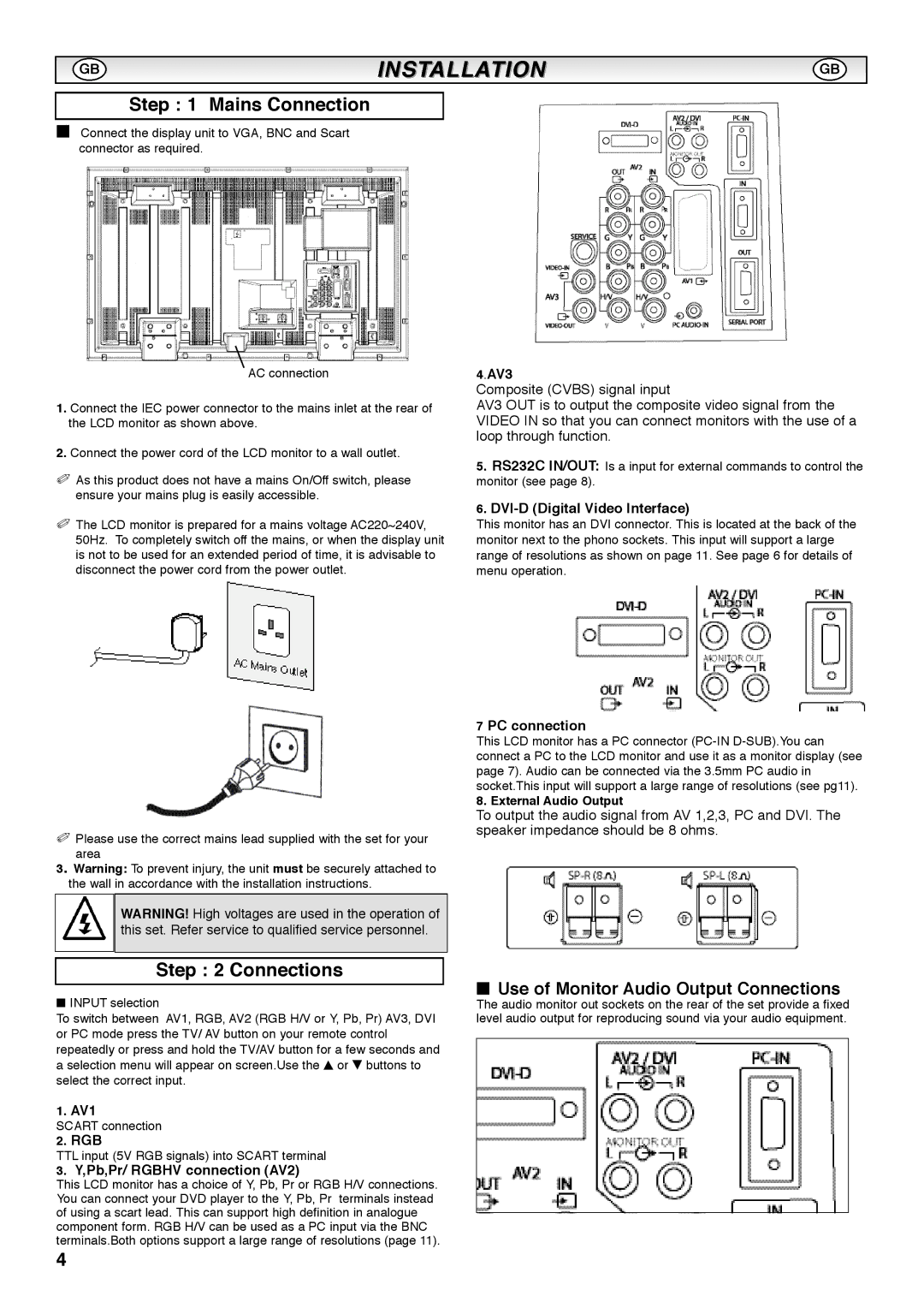 Sanyo CE42SRE1 instruction manual Mains Connection, Use of Monitor Audio Output Connections 