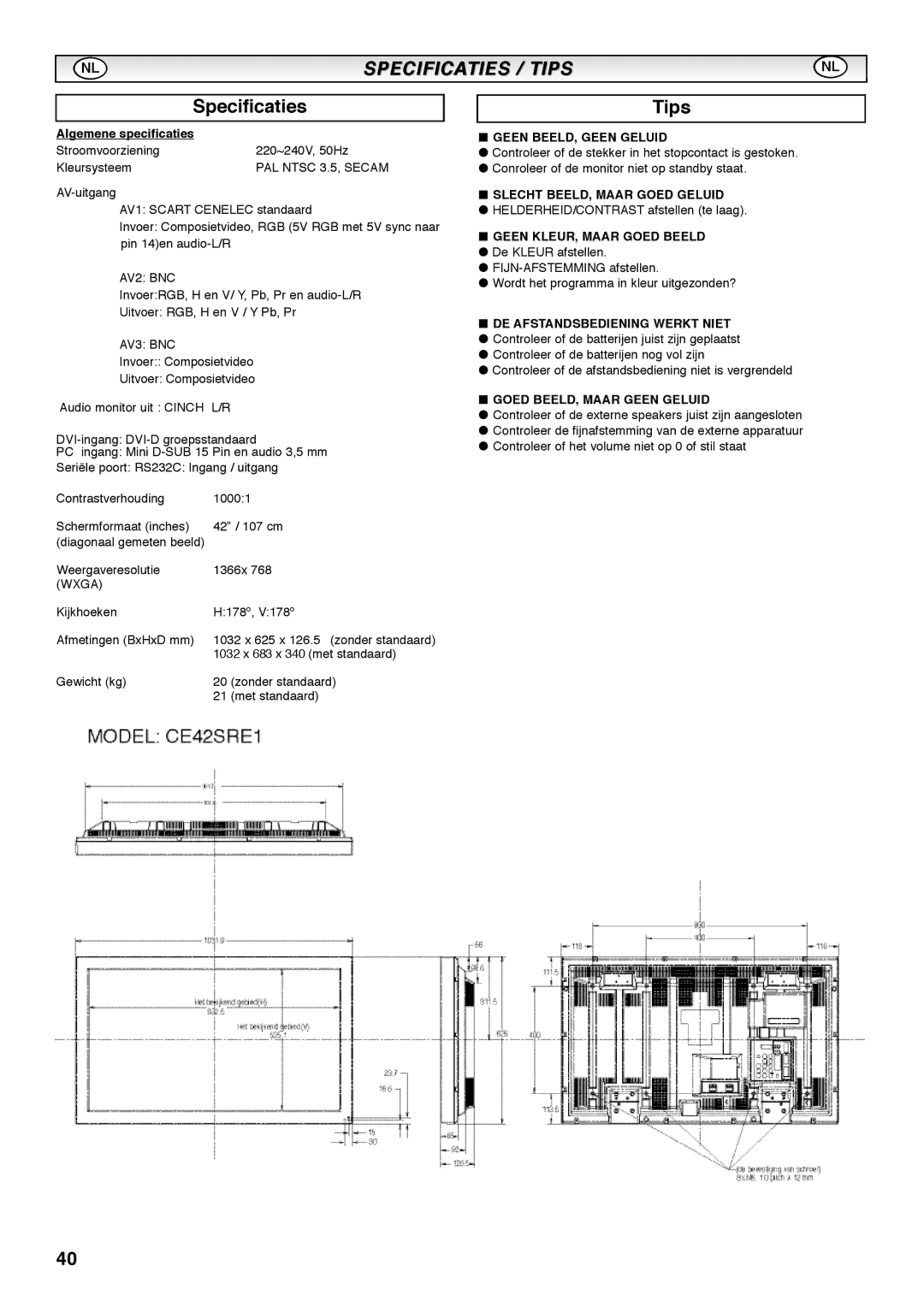 Sanyo CE42SRE1 instruction manual Specificaties, Tips 