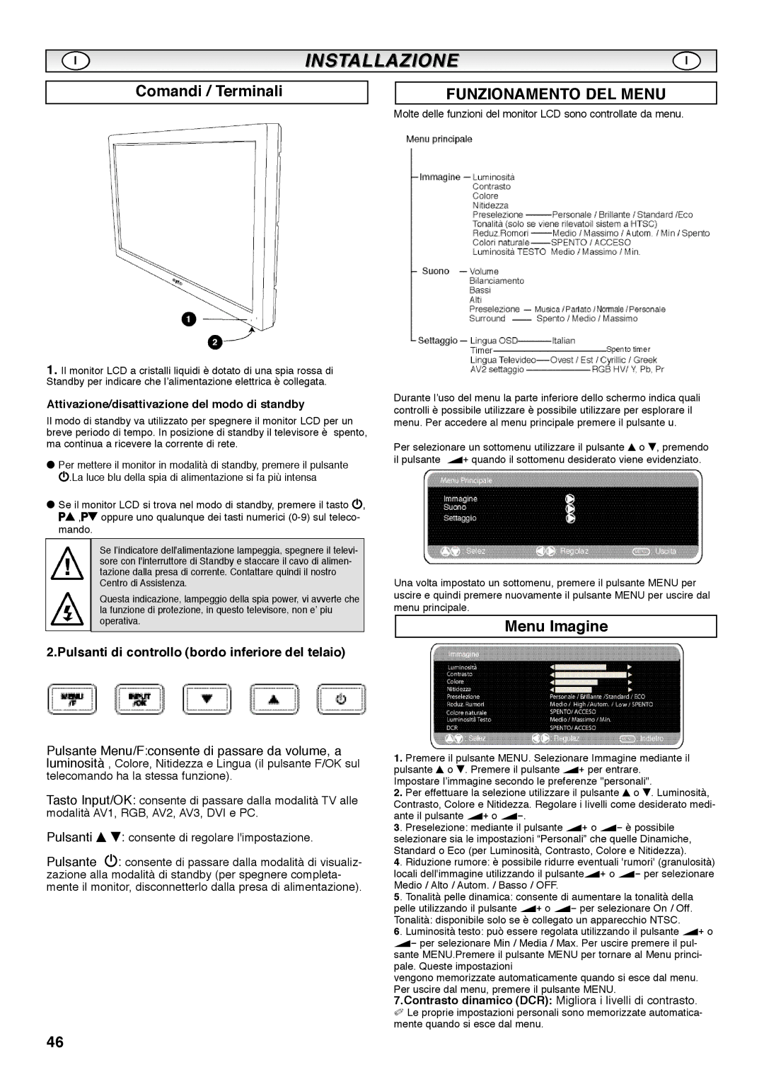 Sanyo CE42SRE1 instruction manual Comandi / Terminali, Menu Imagine, Pulsanti di controllo bordo inferiore del telaio 