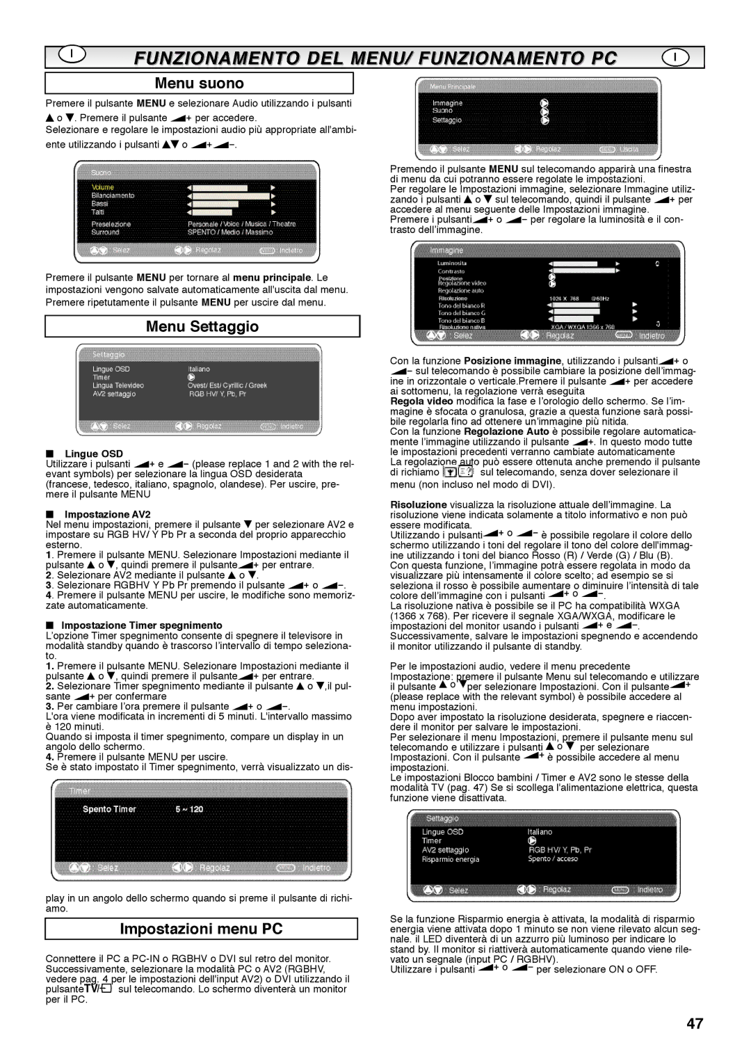 Sanyo CE42SRE1 instruction manual Menu suono, Menu Settaggio, Impostazioni menu PC 