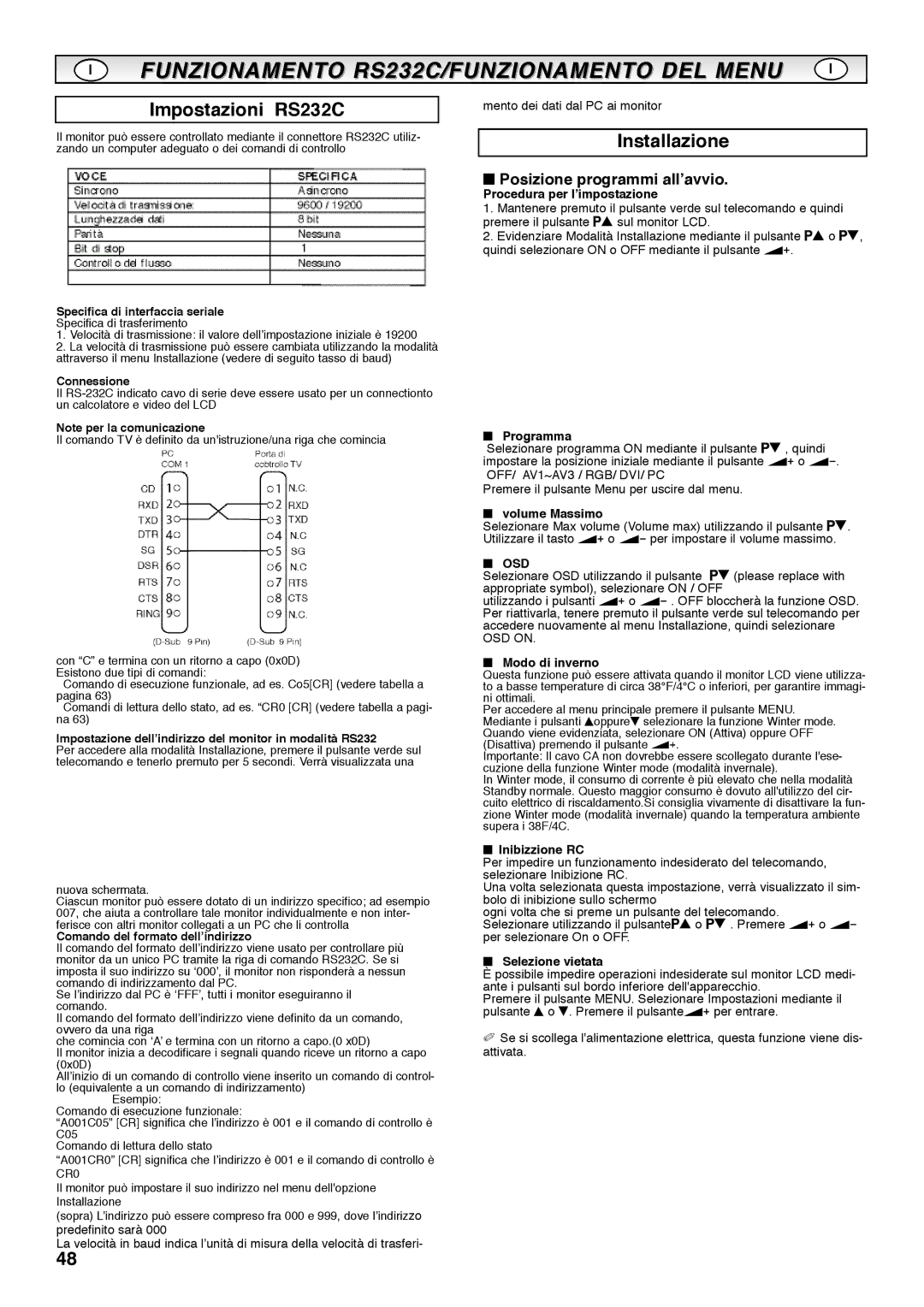 Sanyo CE42SRE1 instruction manual Impostazioni RS232C, Installazione, Posizione programmi all’avvio 