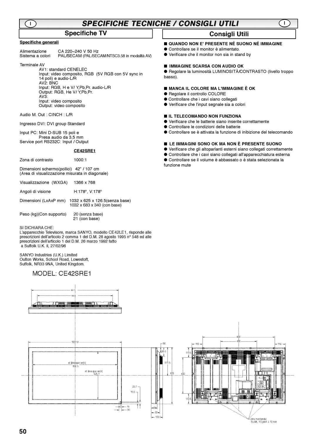 Sanyo CE42SRE1 instruction manual Specifiche TV, Consigli Utili 