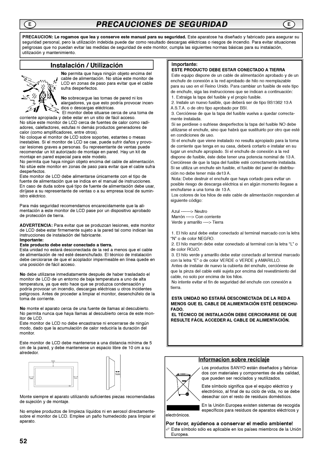 Sanyo CE42SRE1 Instalación / Utilización, Informacion sobre reciclaje, Por favor, ayúdenos a conservar el medio ambiente 