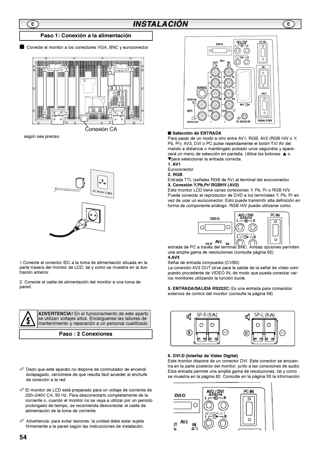 Sanyo CE42SRE1 instruction manual Paso 1 Conexión a la alimentación, Paso 2 Conexiones 