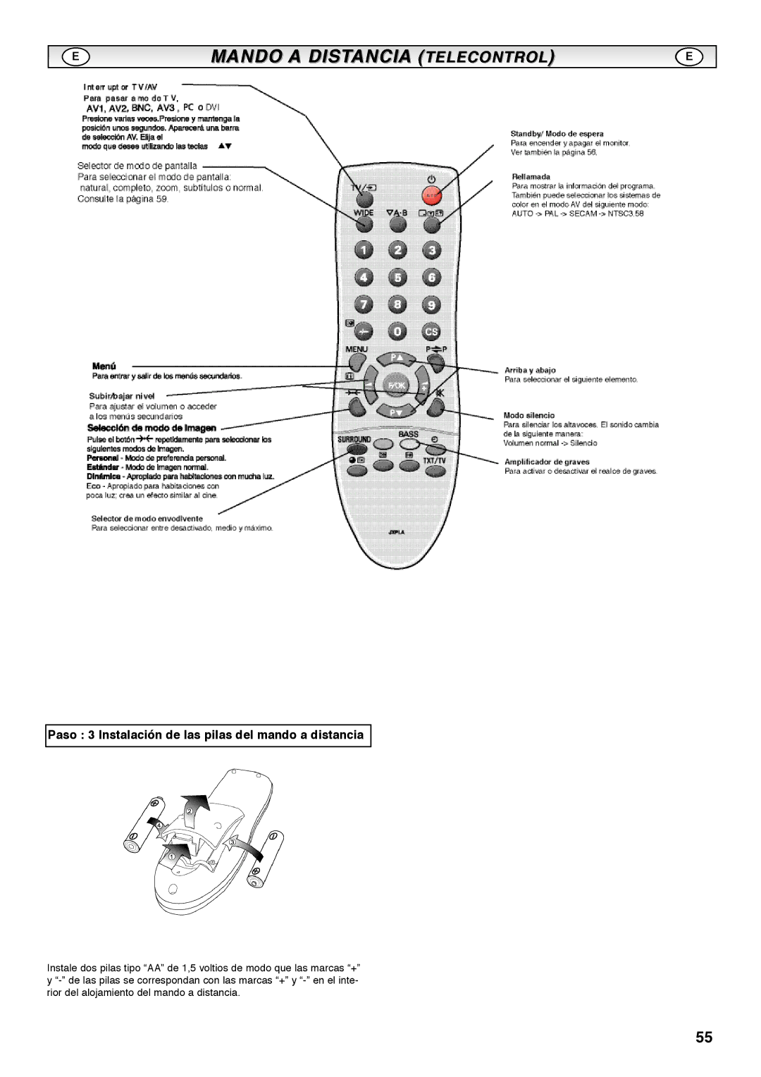 Sanyo CE42SRE1 instruction manual Paso 3 Instalación de las pilas del mando a distancia 