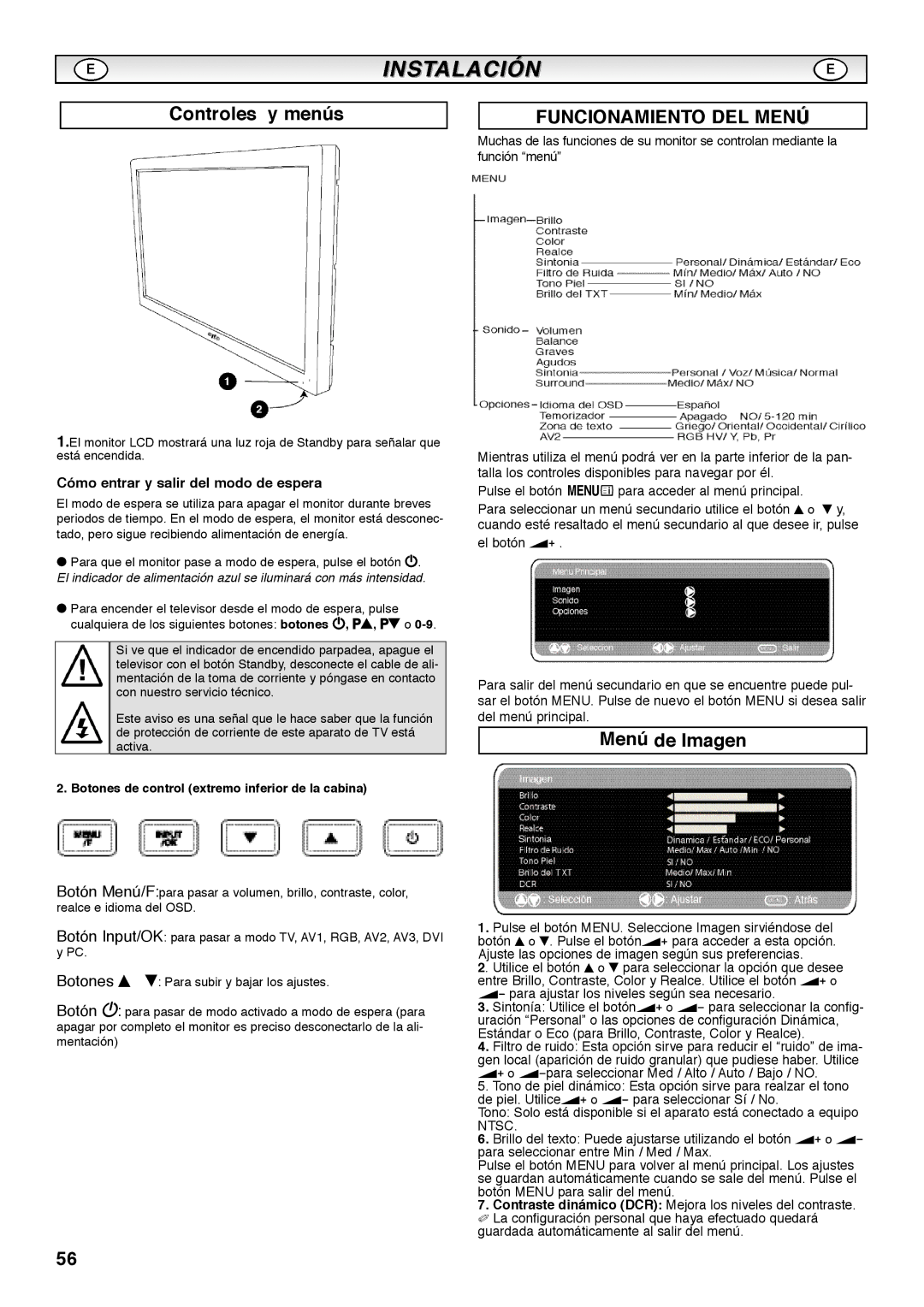 Sanyo CE42SRE1 instruction manual Controles y menús, Menú de Imagen, Cómo entrar y salir del modo de espera 