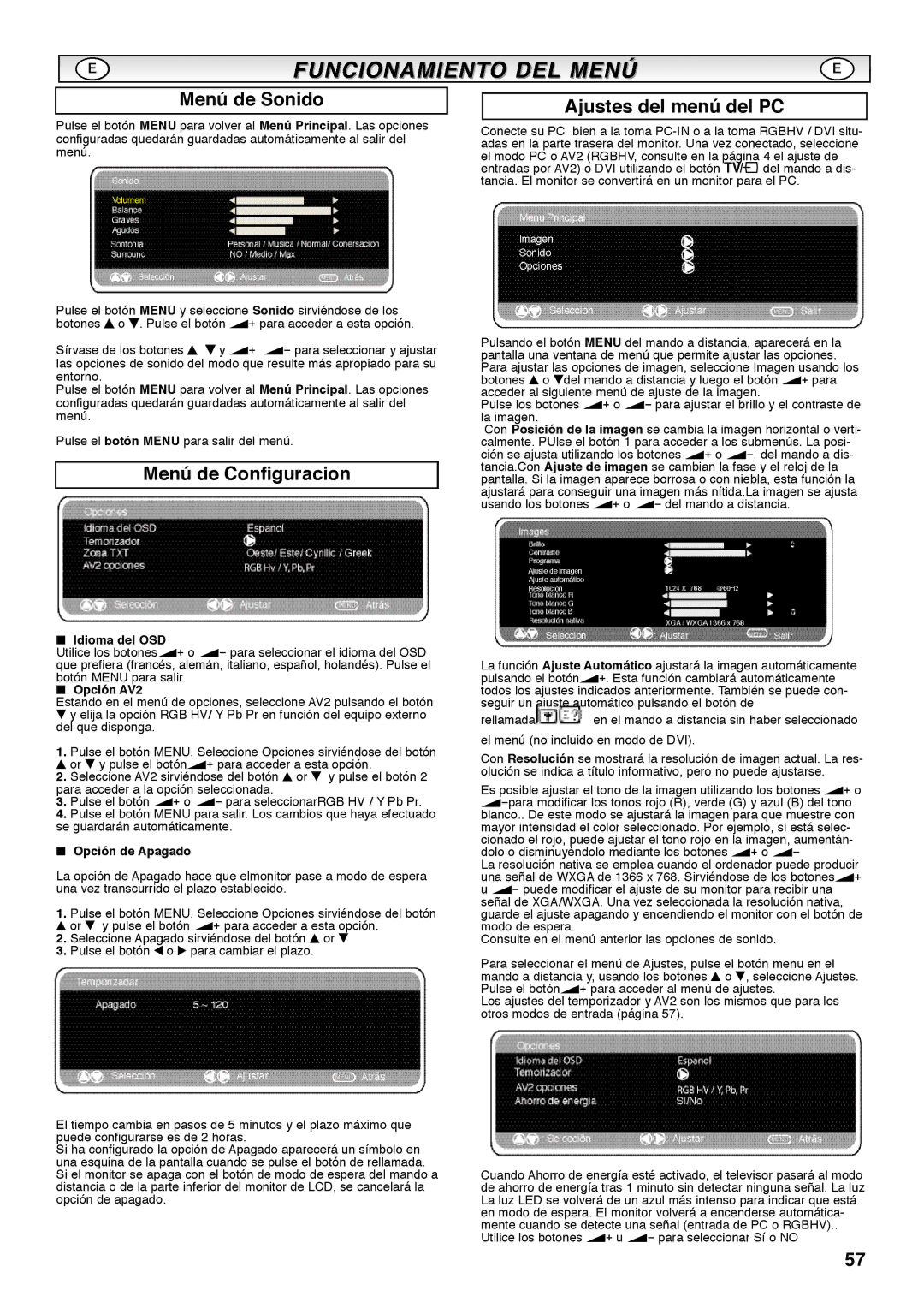 Sanyo CE42SRE1 instruction manual Menú de Sonido, Menú de Configuracion, Ajustes del menú del PC 